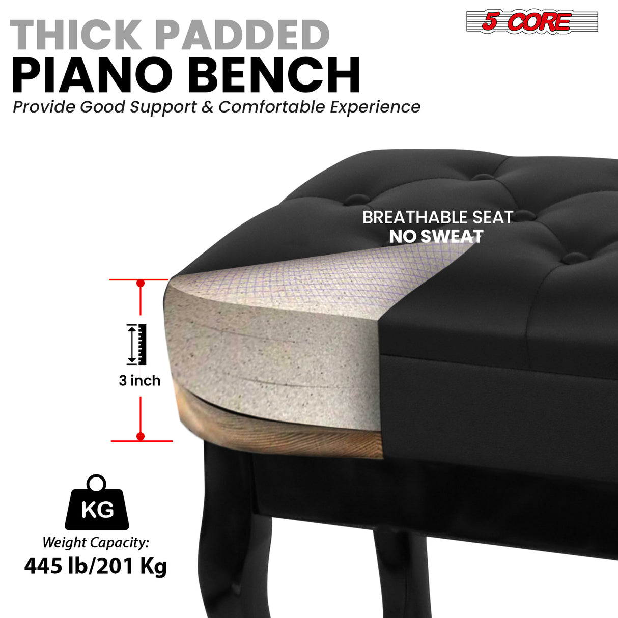5 Core Piano Bench 3" Padded Cushioned Stool Wooden Heavy Duty Adjustable Musician Chair w Storage