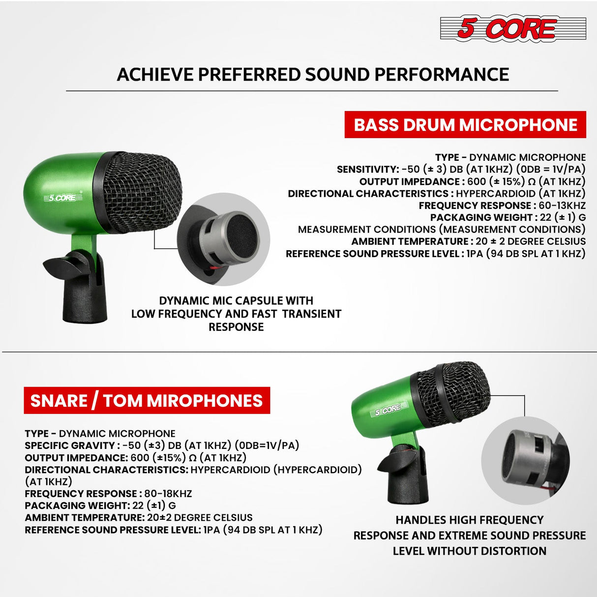 5 Core Conga Mic Snare Tom Set Professional XLR Cardioid Condenser Instrument Microphone Kit