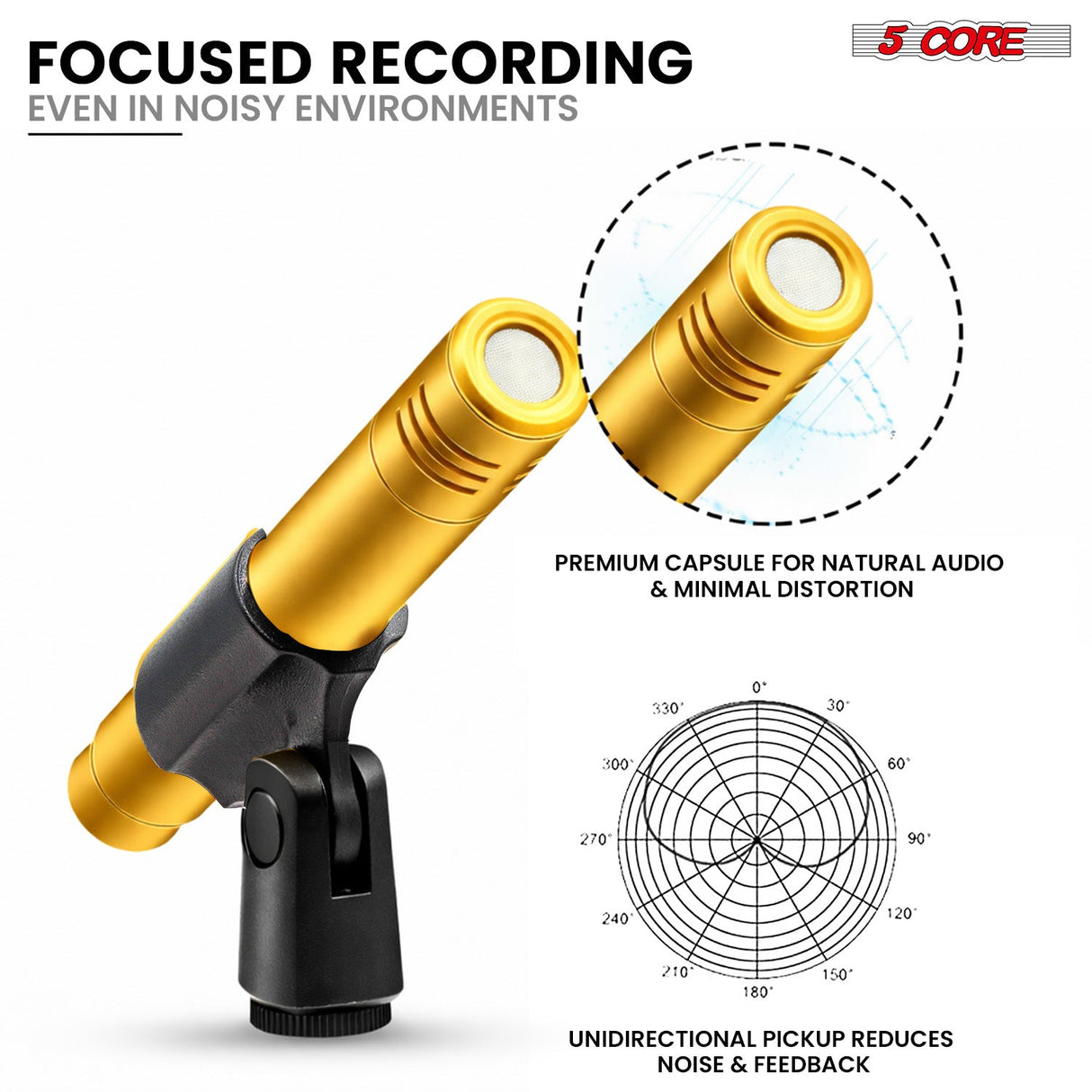 5 Core Drum Microphone Kit 9Pc All Metal Drummer Mics Tom/Snare & Cymbals Wired Instrument Drums Set