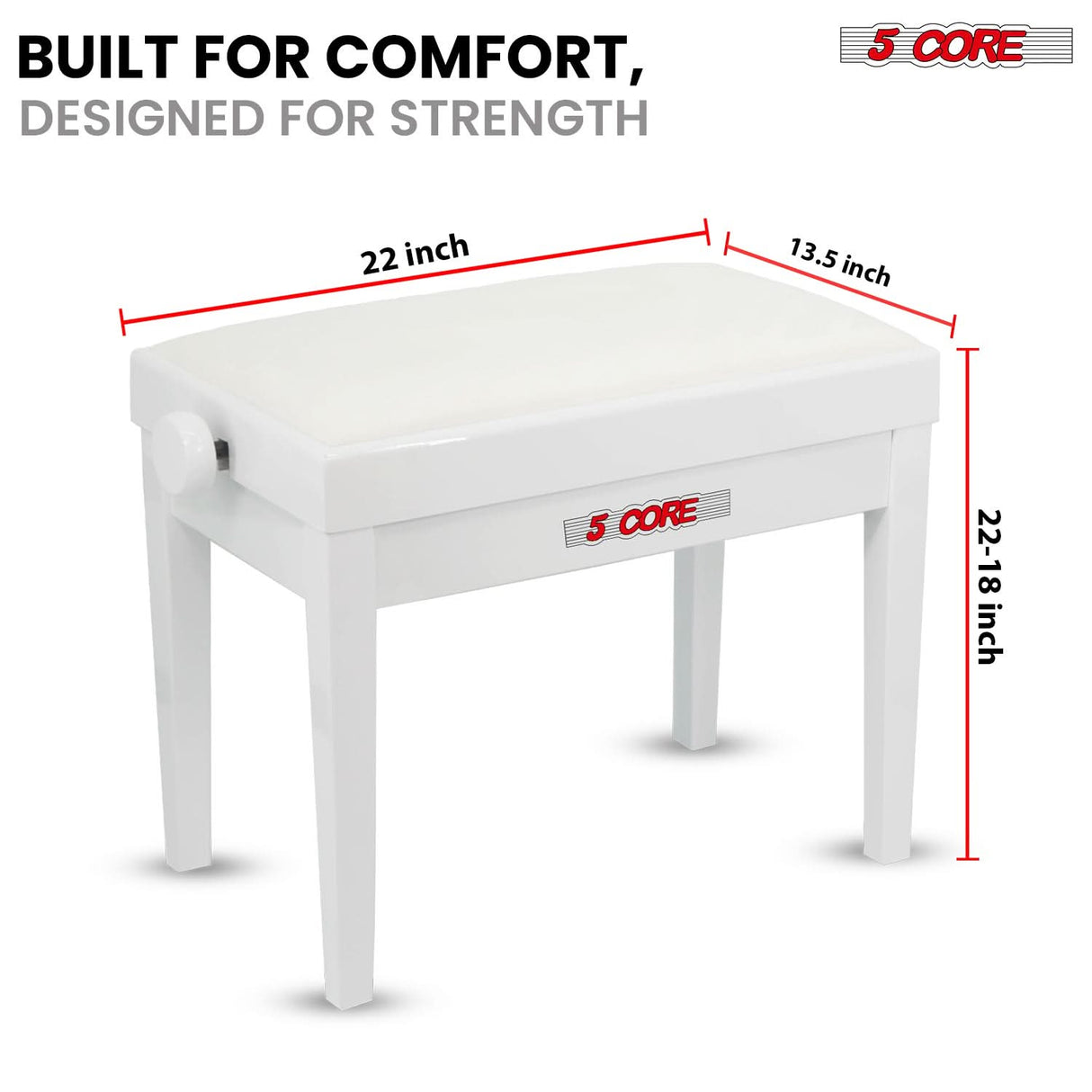 5 Core Adjustable Piano Bench Thick 3.25" Solid Wood Keyboard Stool Heavy Duty Musician Chair
