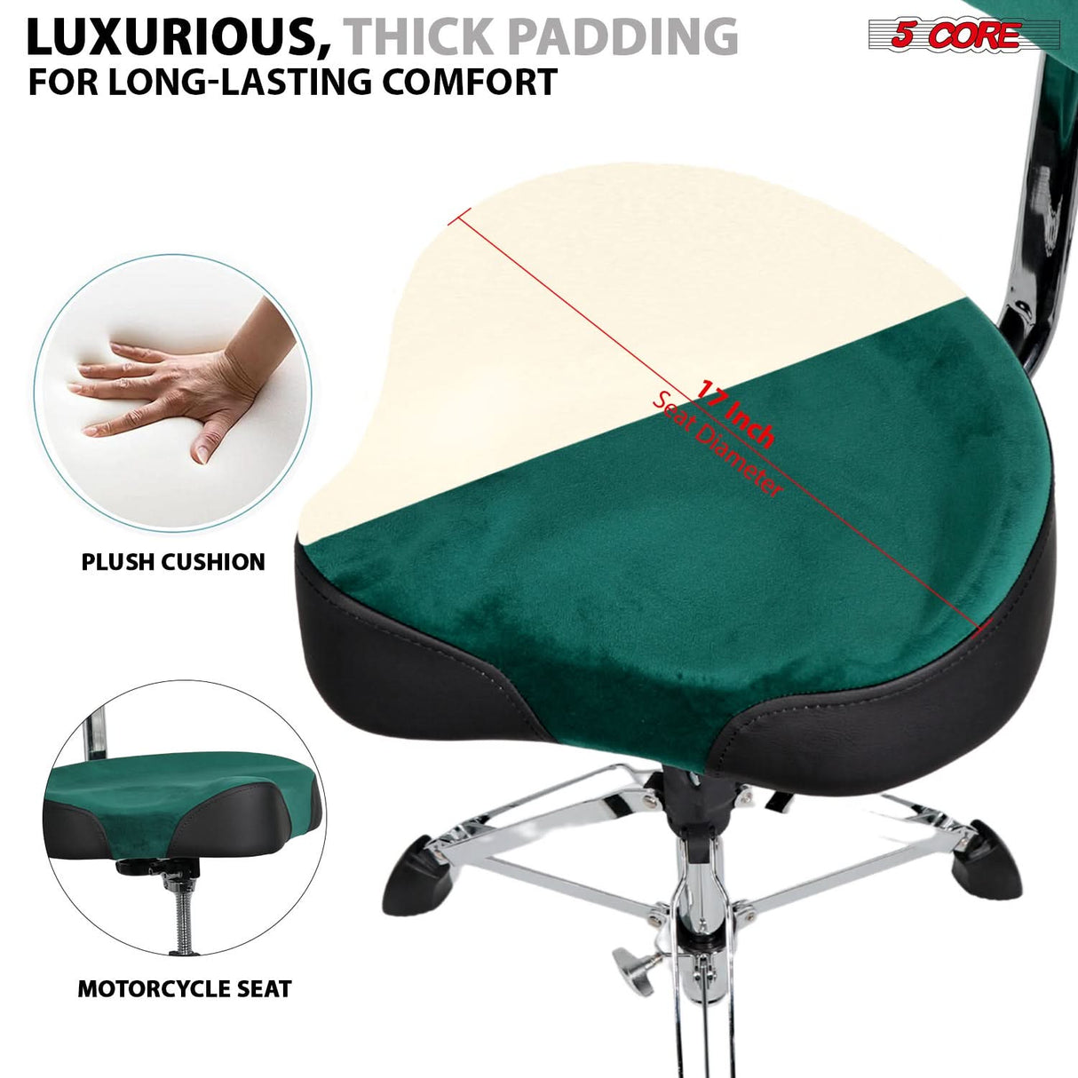 5 Core Drum Throne w Backrest 4" Padded Adjustable 26.5" Drummer Stool w Velvet Top 441Lb Capacity