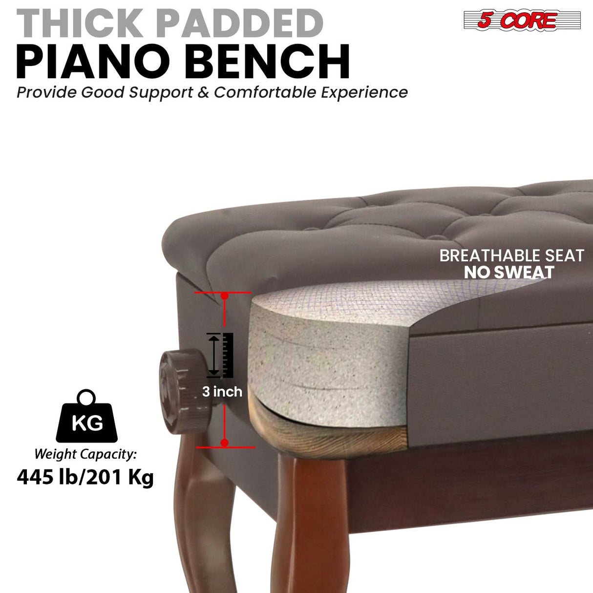 5 Core Piano Bench 3" Padded Cushioned Stool Wooden Heavy Duty Adjustable Musician Chair w Storage
