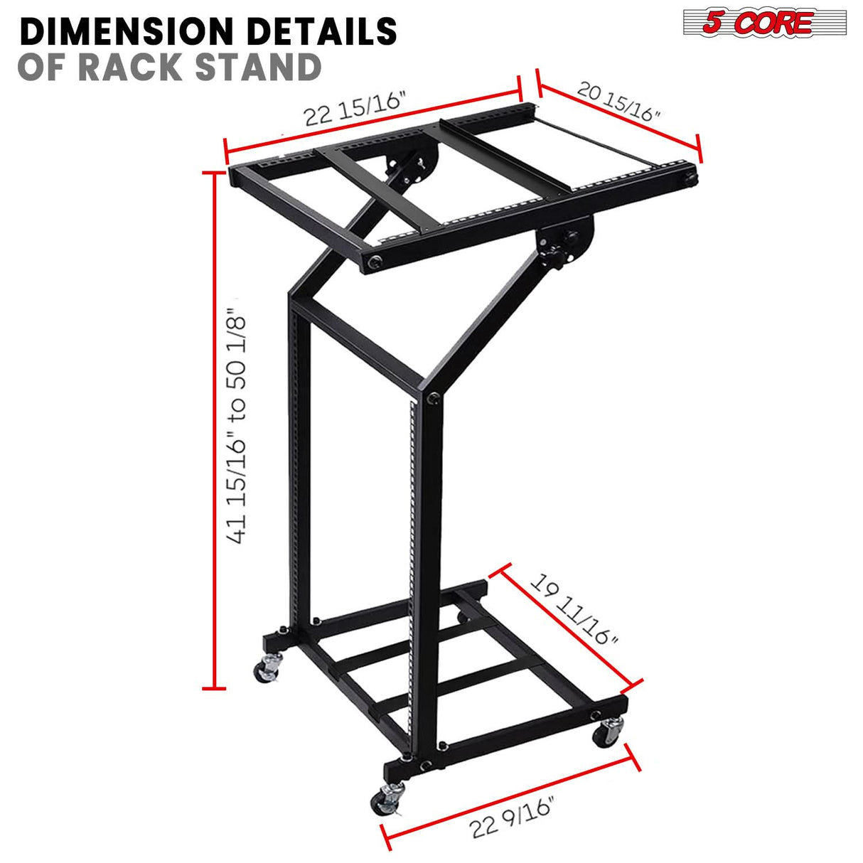 5Core DJ Mixer Stand 12U Adjustable Rack Mount Rolling Stage Cart Pro Audio Studio Equipment w Wheel