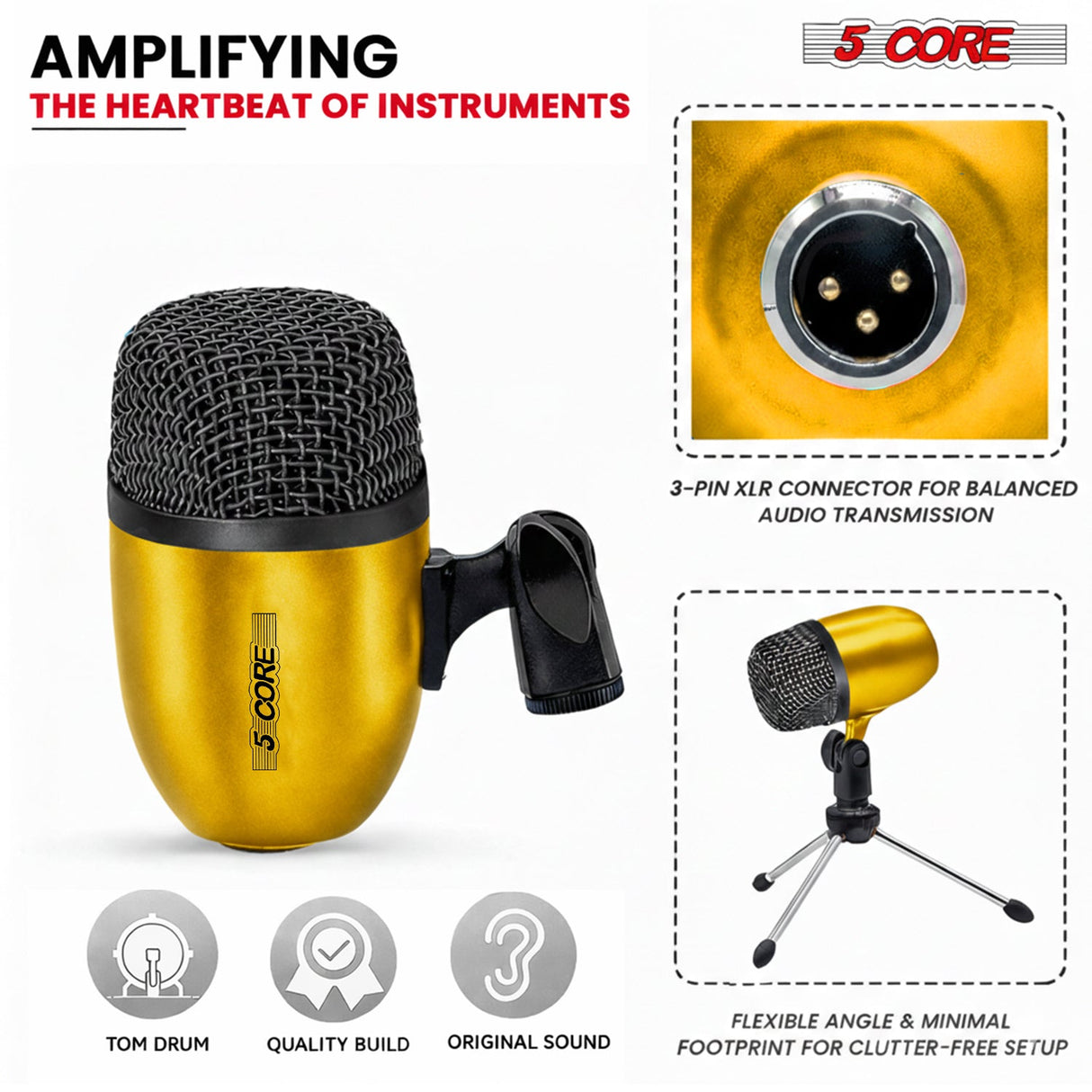 5 Core Conga Mic Snare Tom Set Professional XLR Cardioid Unidirectional Instrument Microphone Kit