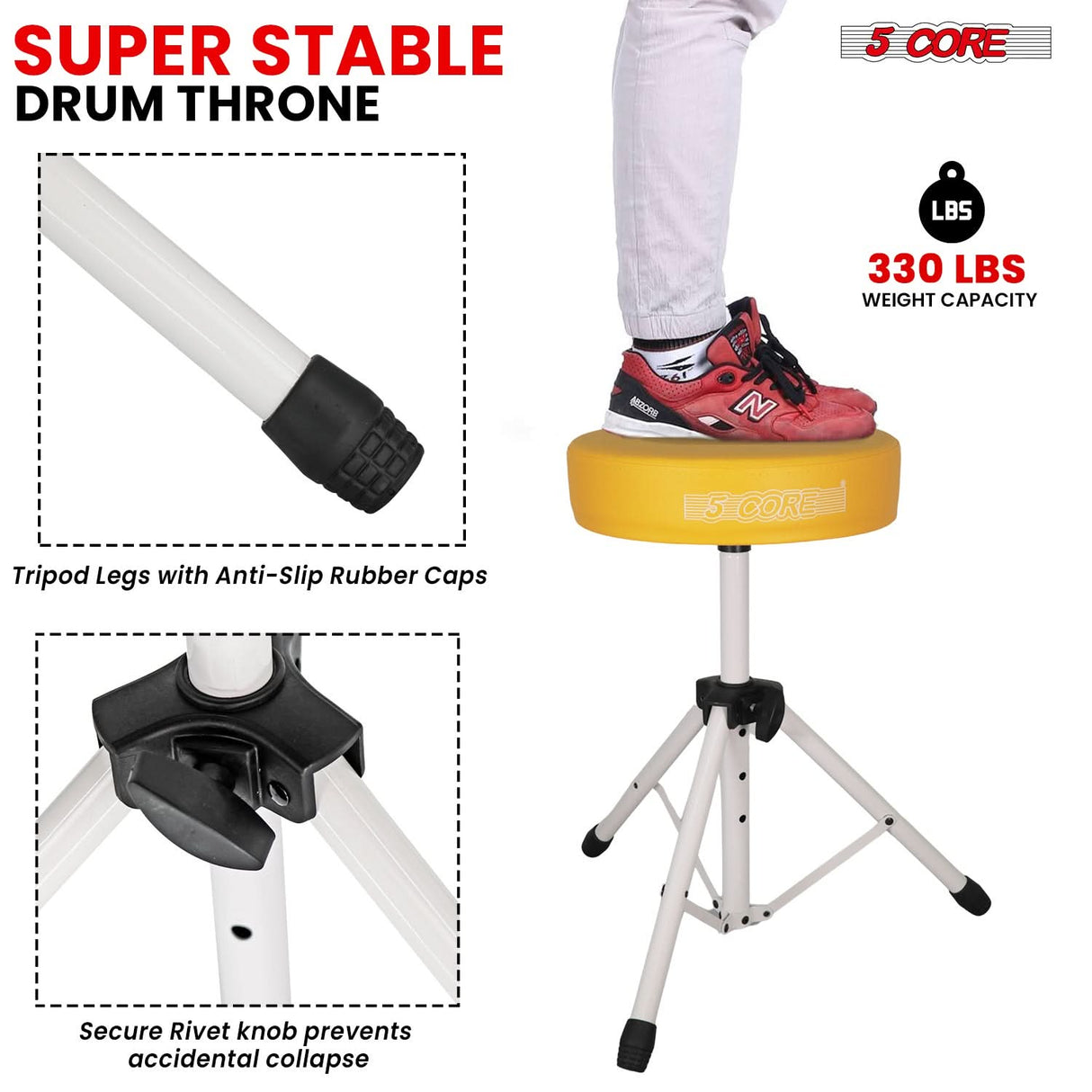 5 Core Drum Throne 3" Thick Padded Memory Foam Comfortable Drummer Stool 330Lb Capacity Adjustable