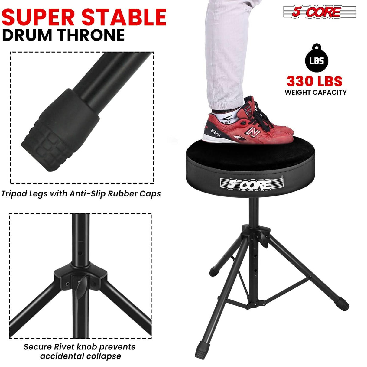 5 Core Drum Throne 3" Thick Padded Memory Foam Comfortable Drummer Stool 330Lb Capacity Adjustable