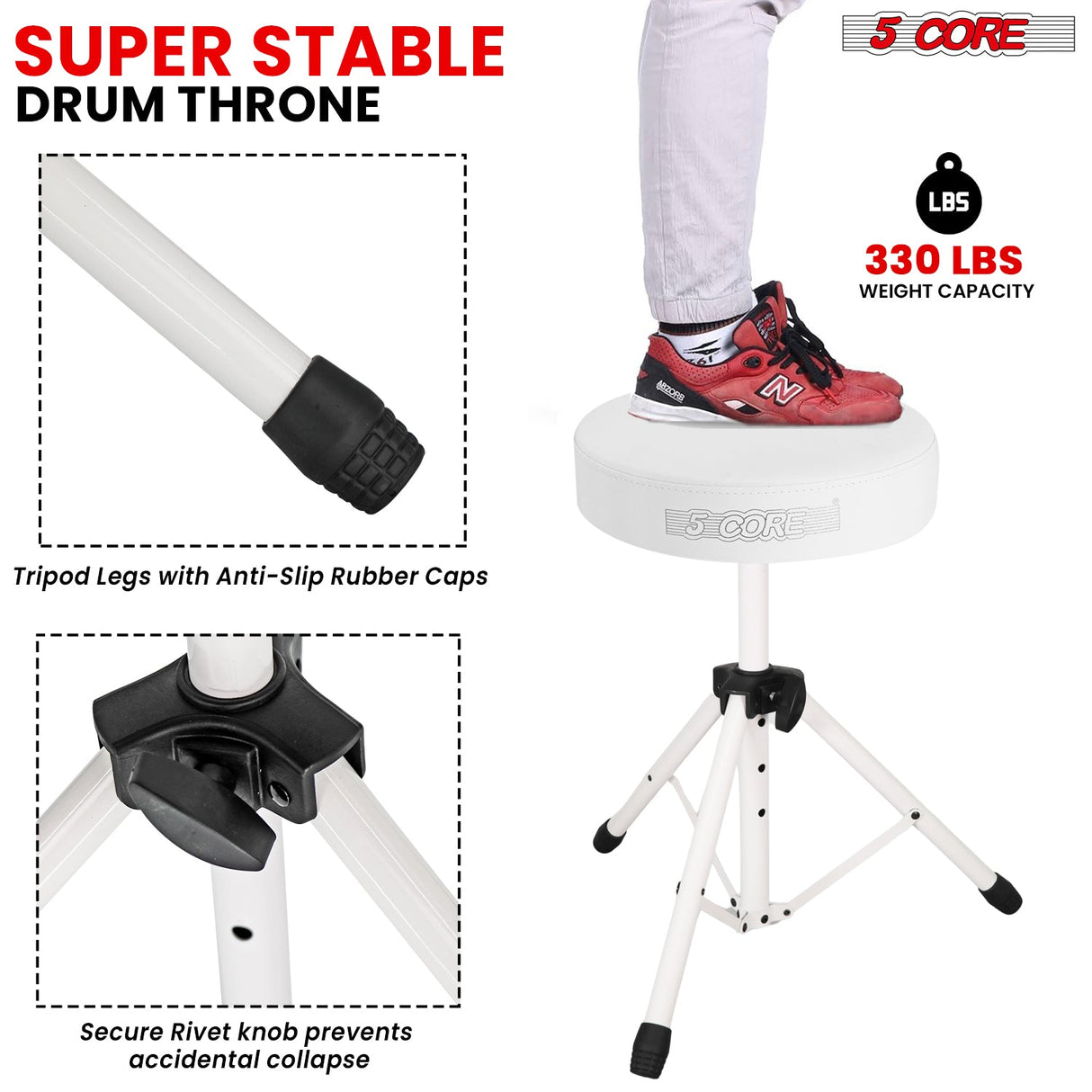 5 Core Drum Throne 3" Thick Padded Memory Foam Comfortable Drummer Stool 330Lb Capacity Adjustable