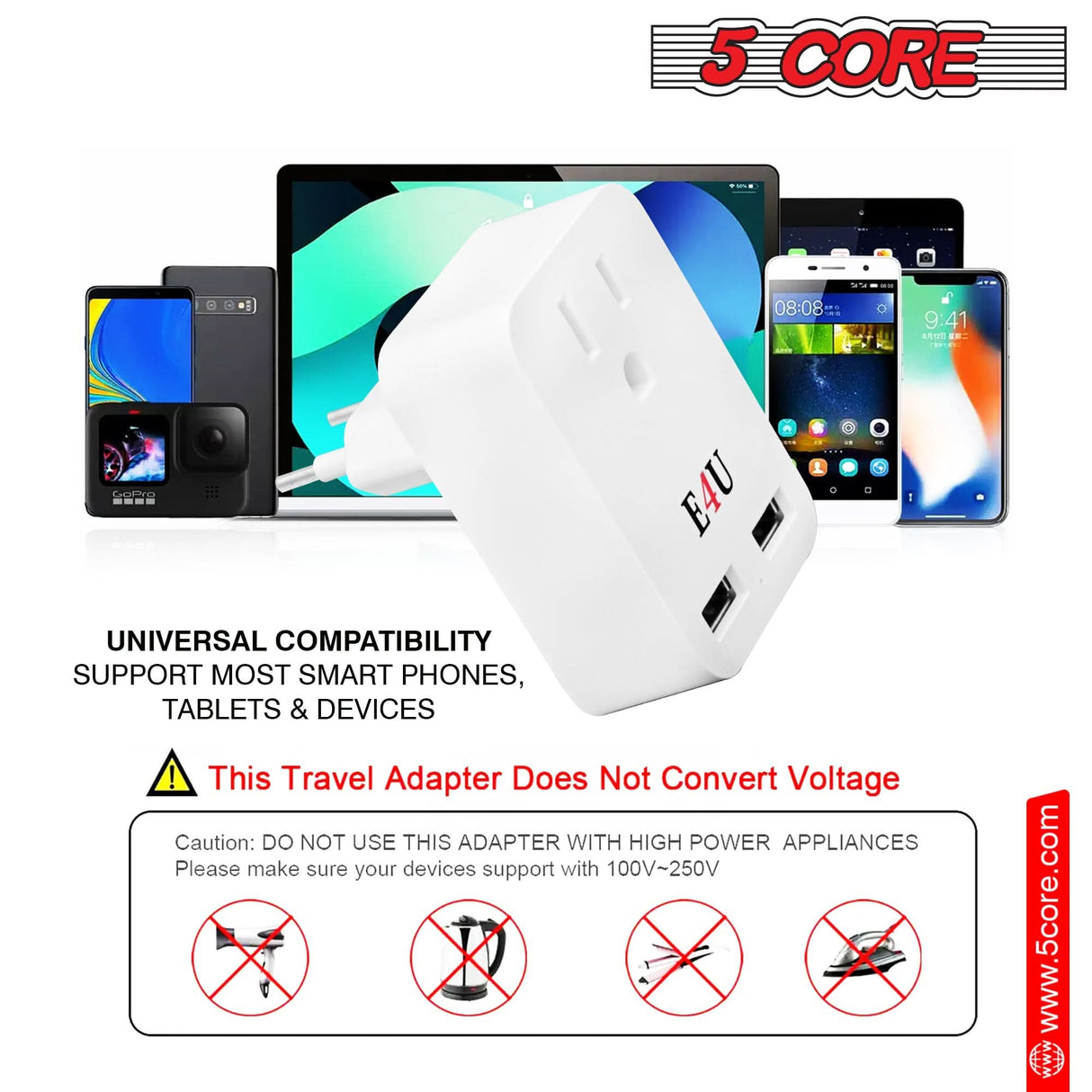 5 Core European Travel Plug Adapter w 2 USB Ports Universal Adopter for International Power Outlet