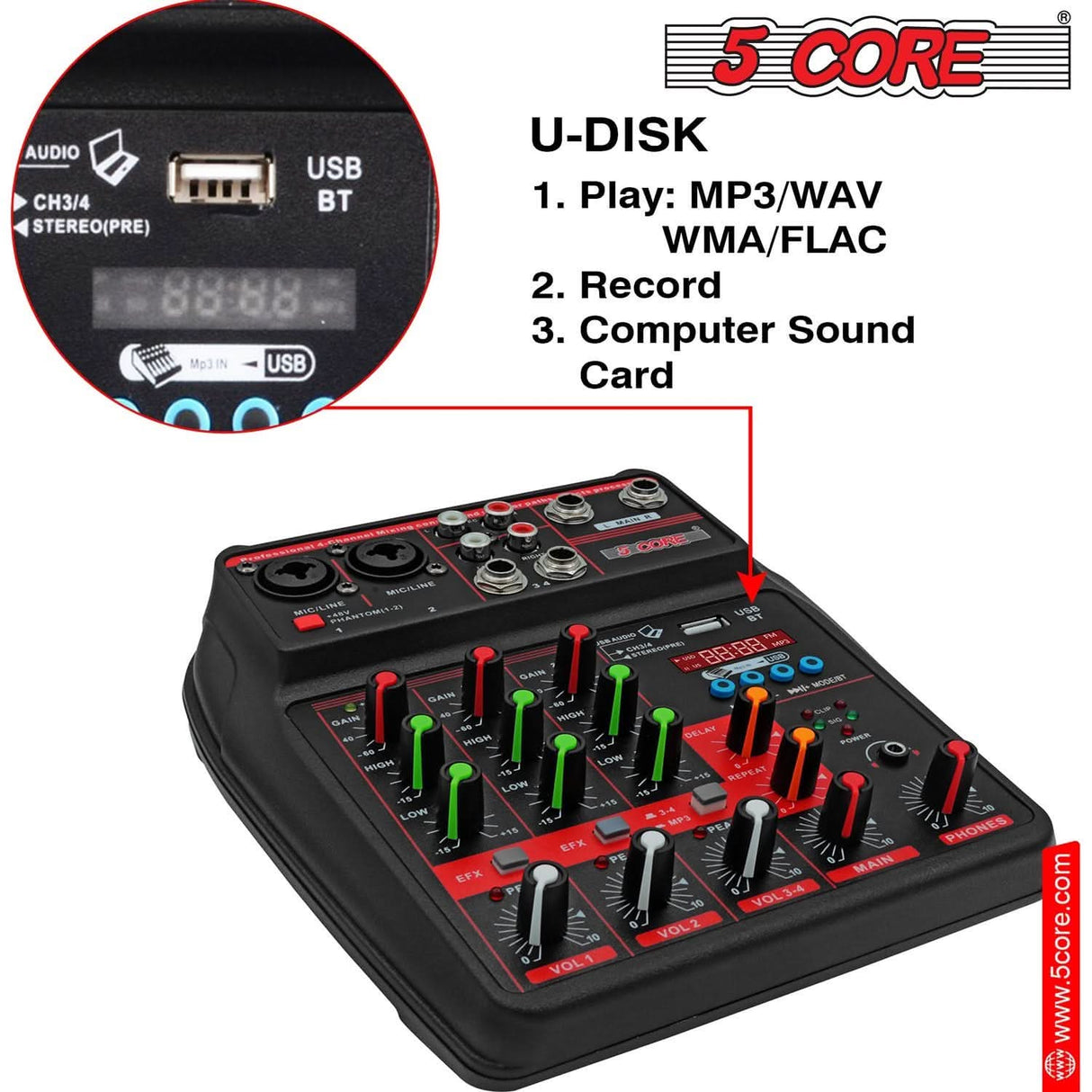 5Core Audio Mixer 4 Channel DJ Soundboard USB Interface Bluetooth Mixing Console w Repeat Delay +48V