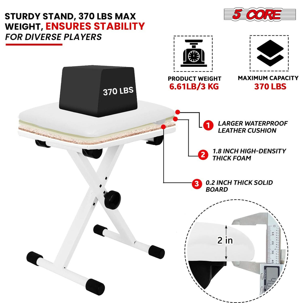 5 Core Keyboard Bench 2" Padded Cushioned Piano Stool Height Adjustable Guitar Seat Folding Portable