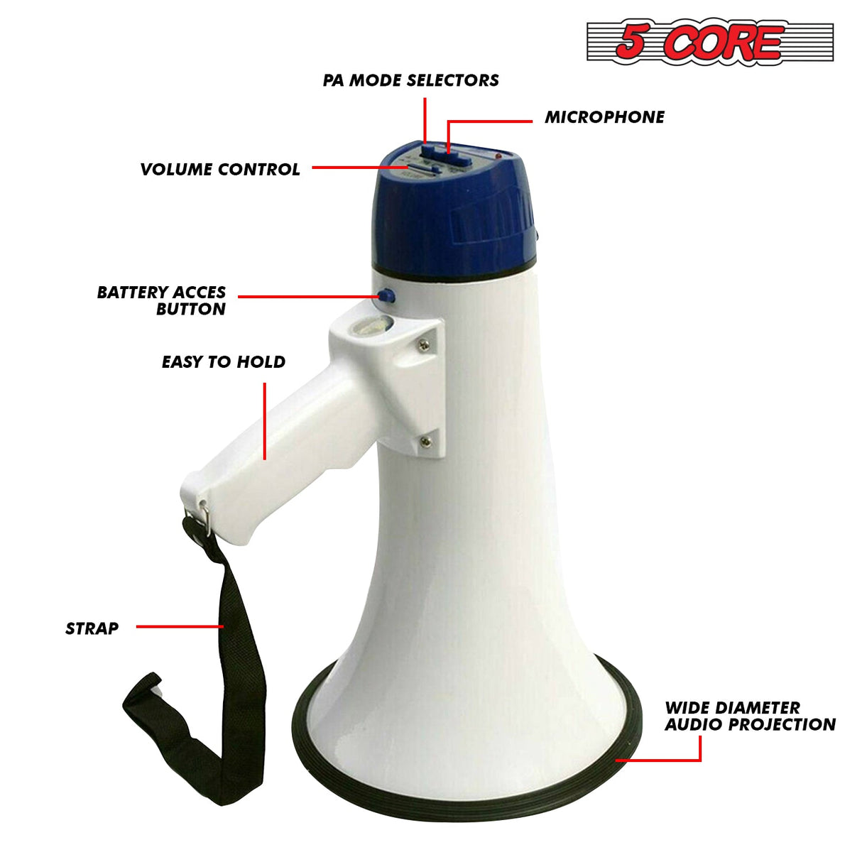 5Core Megaphone Bullhorn Speaker 20W Bull Horn Battery Power Cheer Megafono Loudspeaker