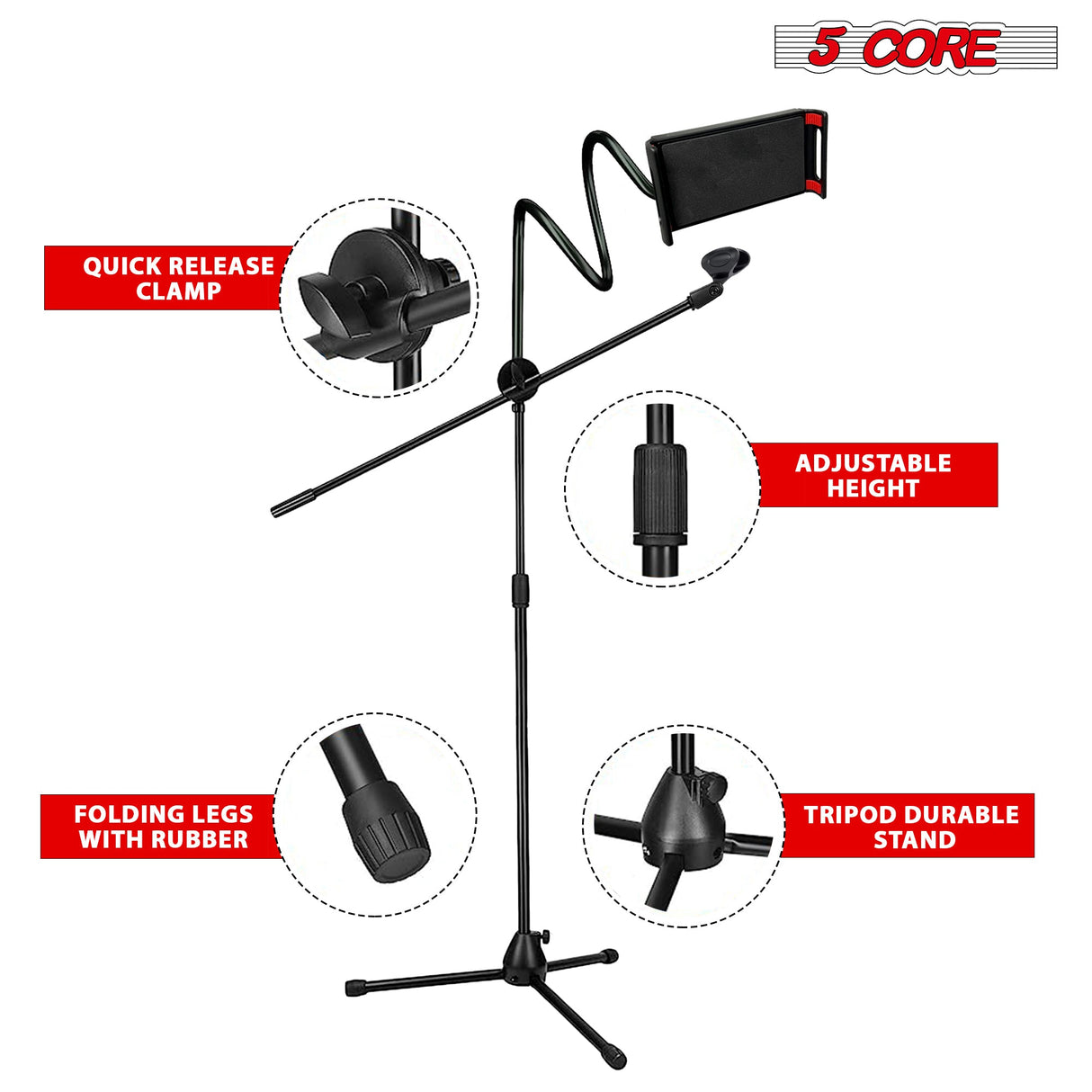 5 Core Tripod Mic Stand w Phone Holder Height Adjustable Microphone Mount Stands