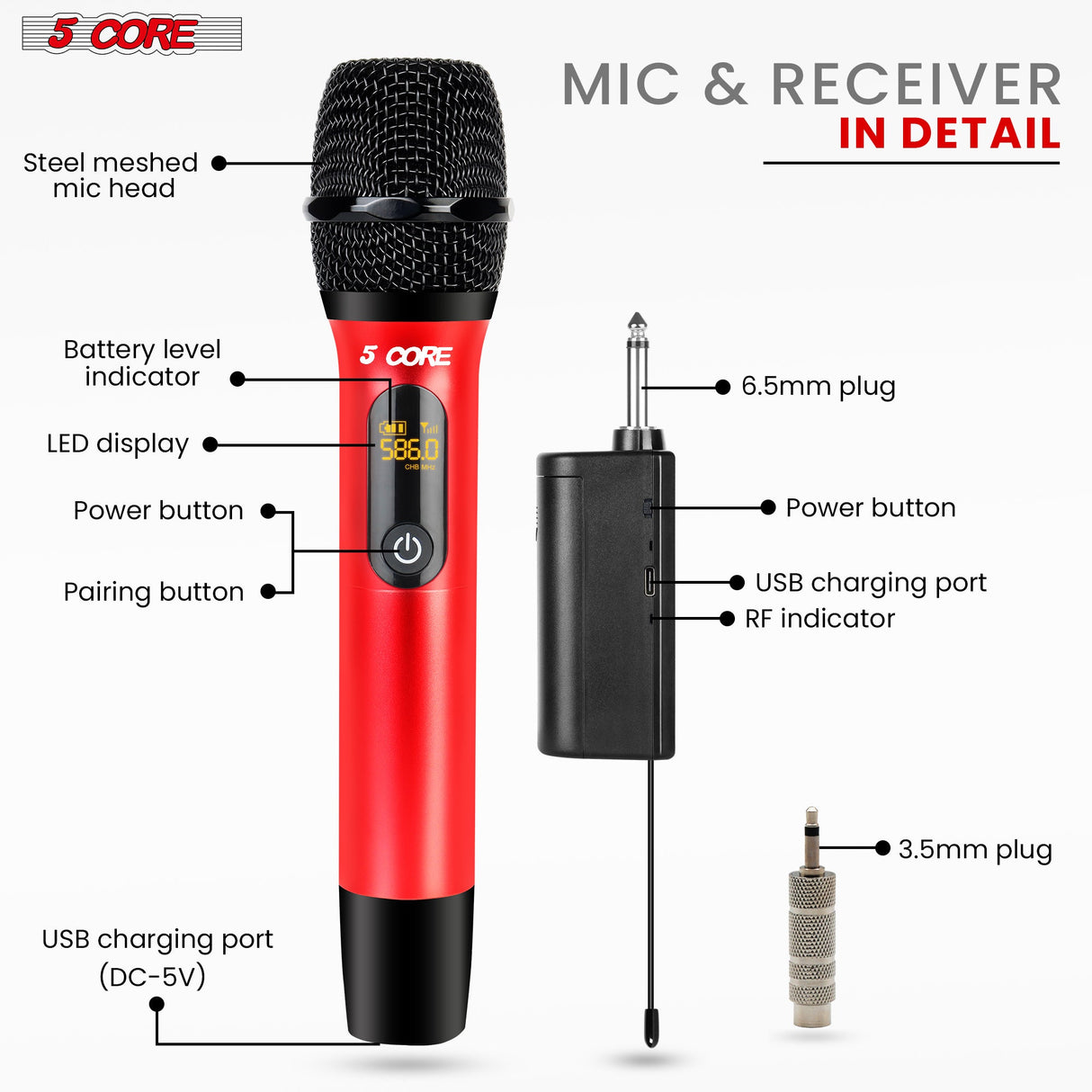 5Core Wireless Microphone Pair UHF Handheld Microfonos Inalambricos Cordless Mic RED + GRAY