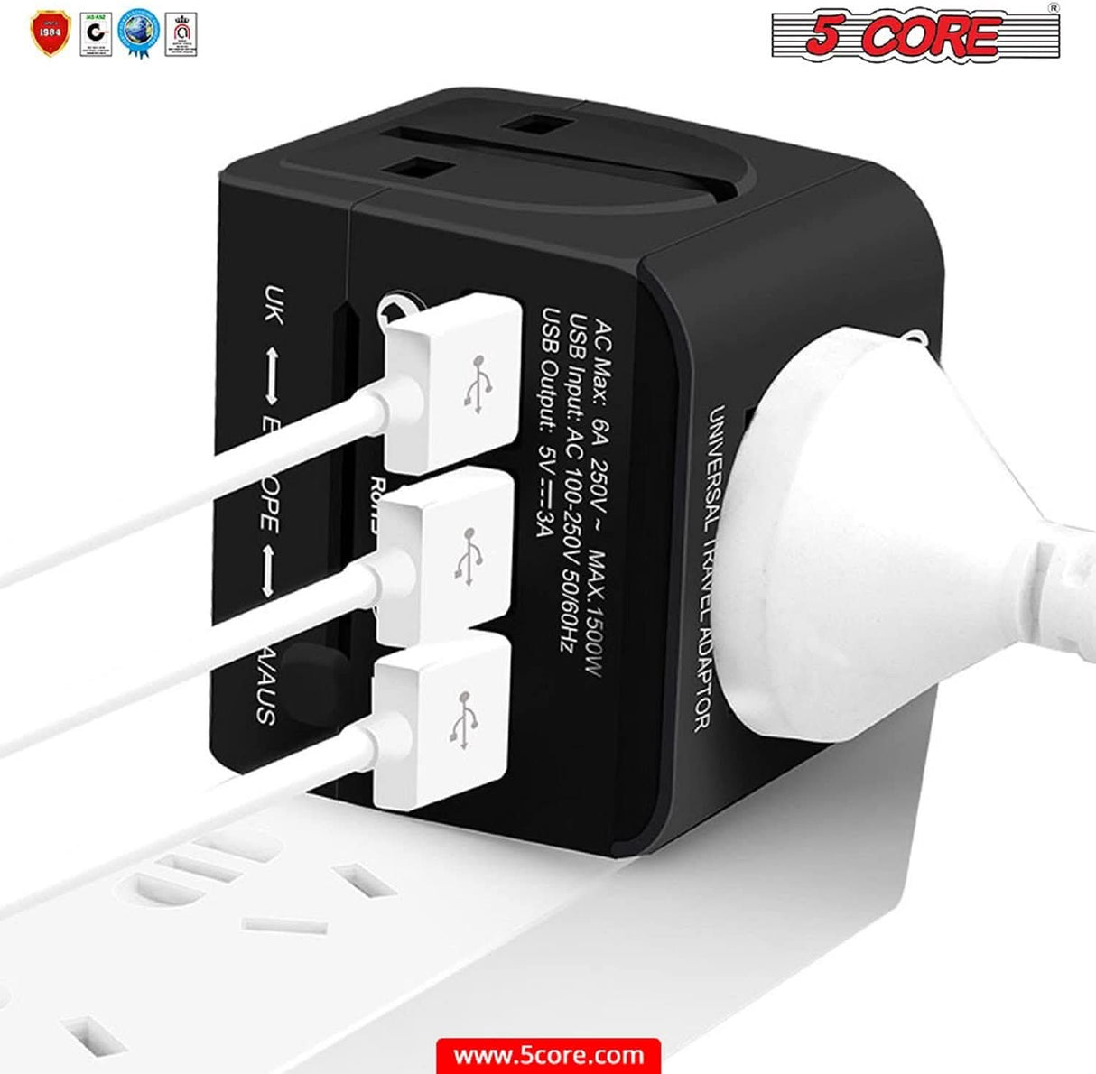 5 Core Universal Travel Adapter Worldwide w 3 USB Ports International Power Adopter for US EU UK AUS