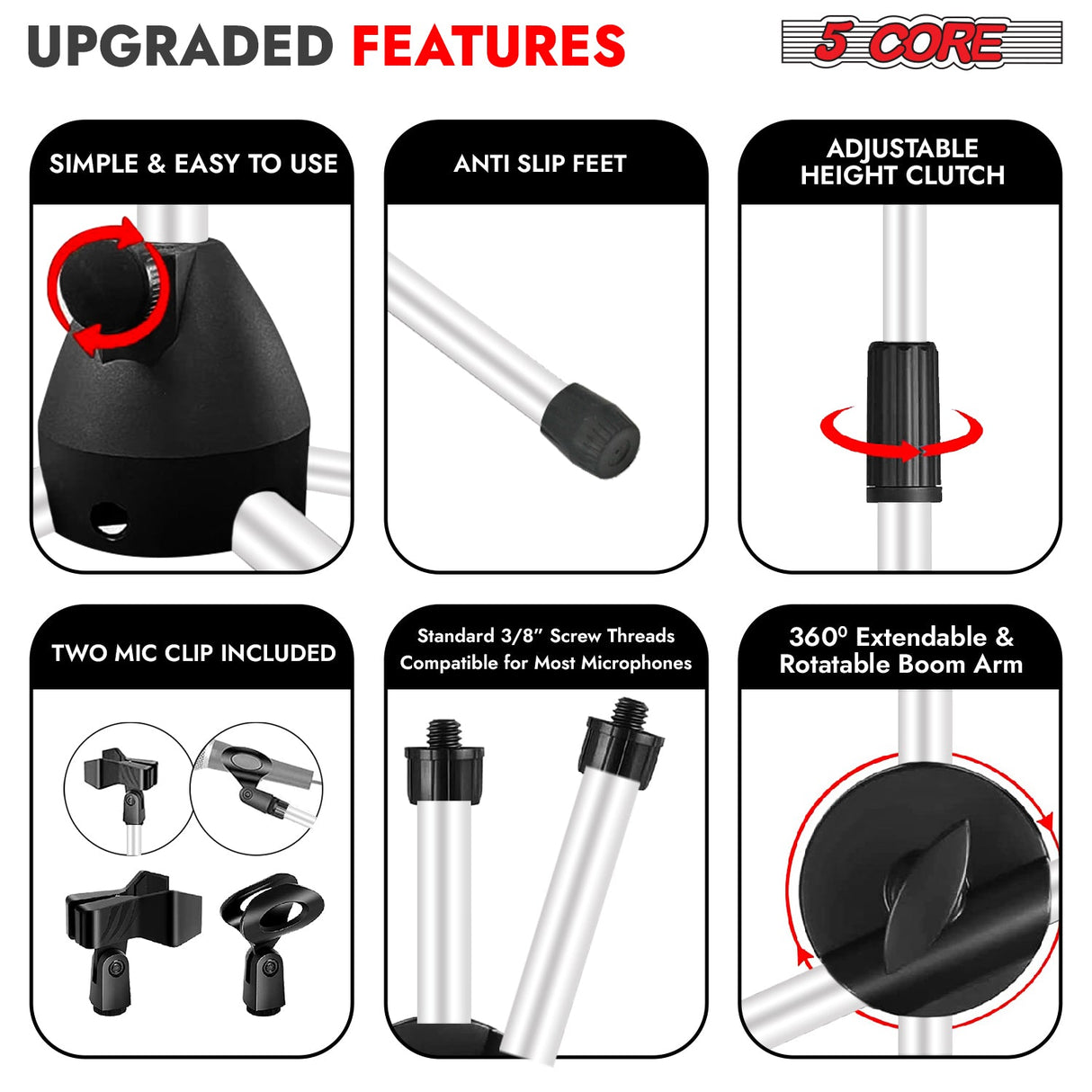 5Core Tripod Mic Stand Adjustable Heavy Duty Floor Holder Microphone Boom Arm WHITE