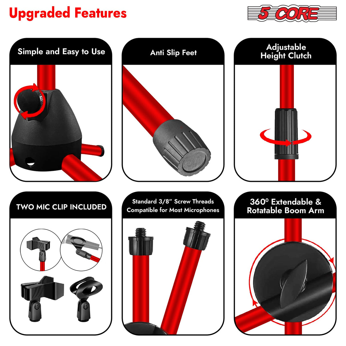 5Core Tripod Mic Stand Adjustable Heavy Duty Floor Holder Microphone Boom Arm RED