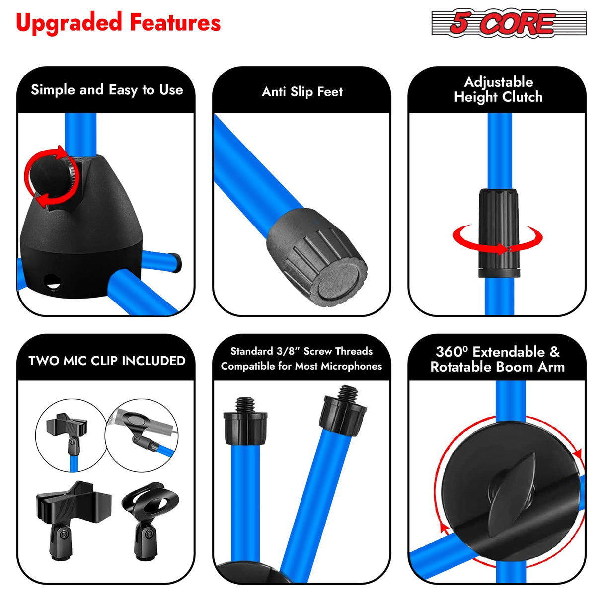 5Core Tripod Mic Stand Adjustable Heavy Duty Floor Holder Microphone Boom Arm SKY BLUE