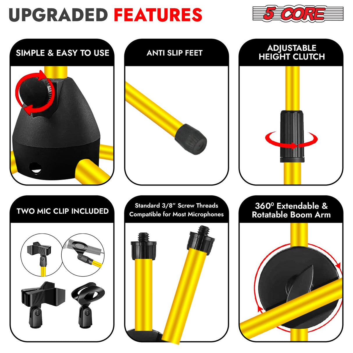 5Core Tripod Mic Stand Adjustable Heavy Duty Floor Holder Microphone Boom Arm YELLOW
