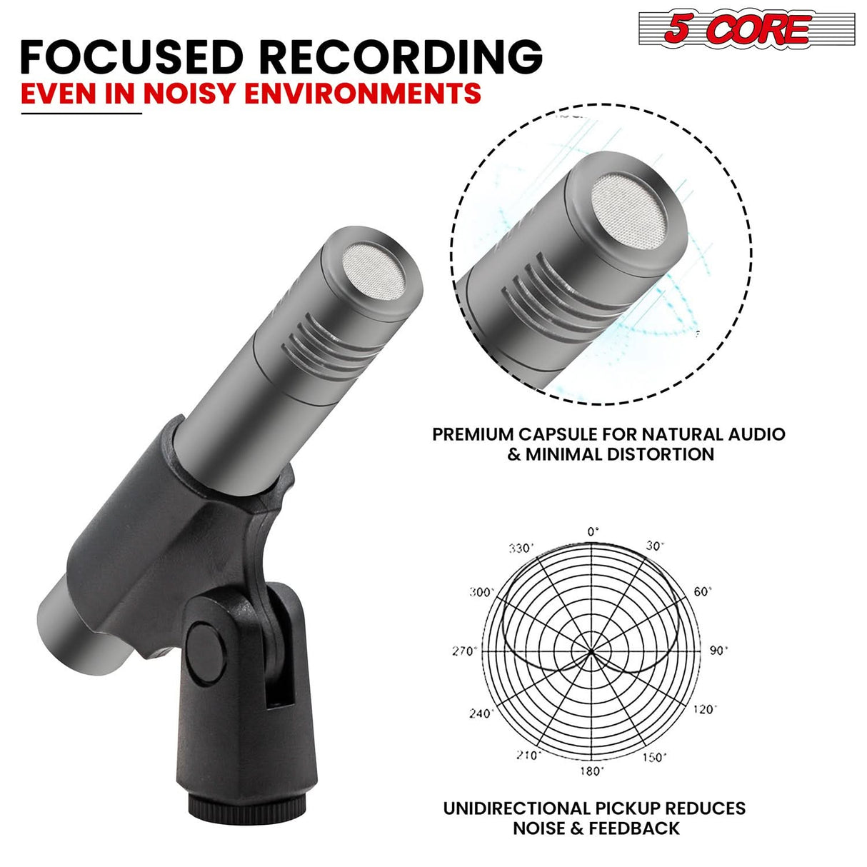 5Core Instrument Microphone Professional XLR Cardioid Pencil Stick Condenser Mic Grey