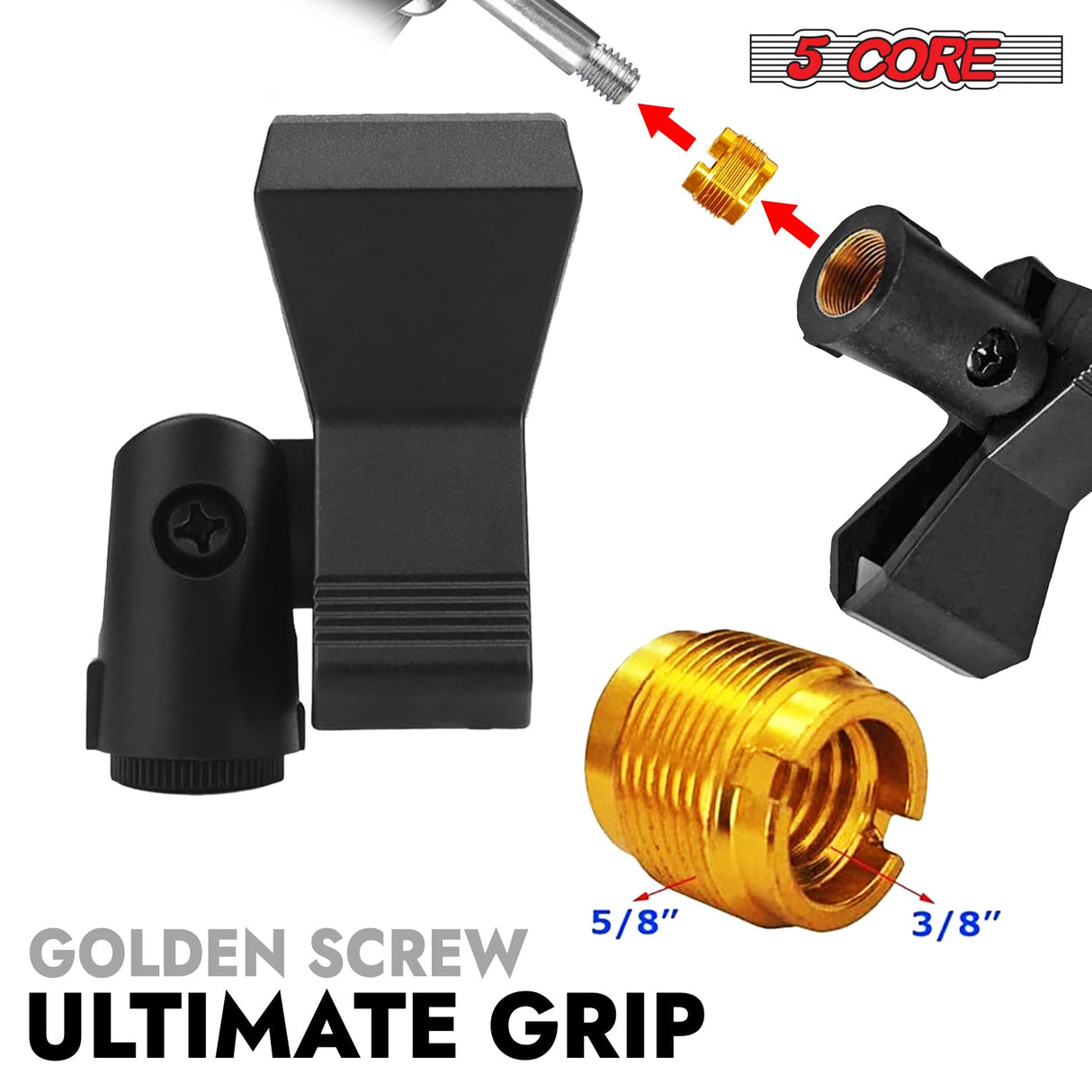 5 Core Microphone Clip Holder 2 Pieces with Screw Adapters 5/8 to 3/8 Inch