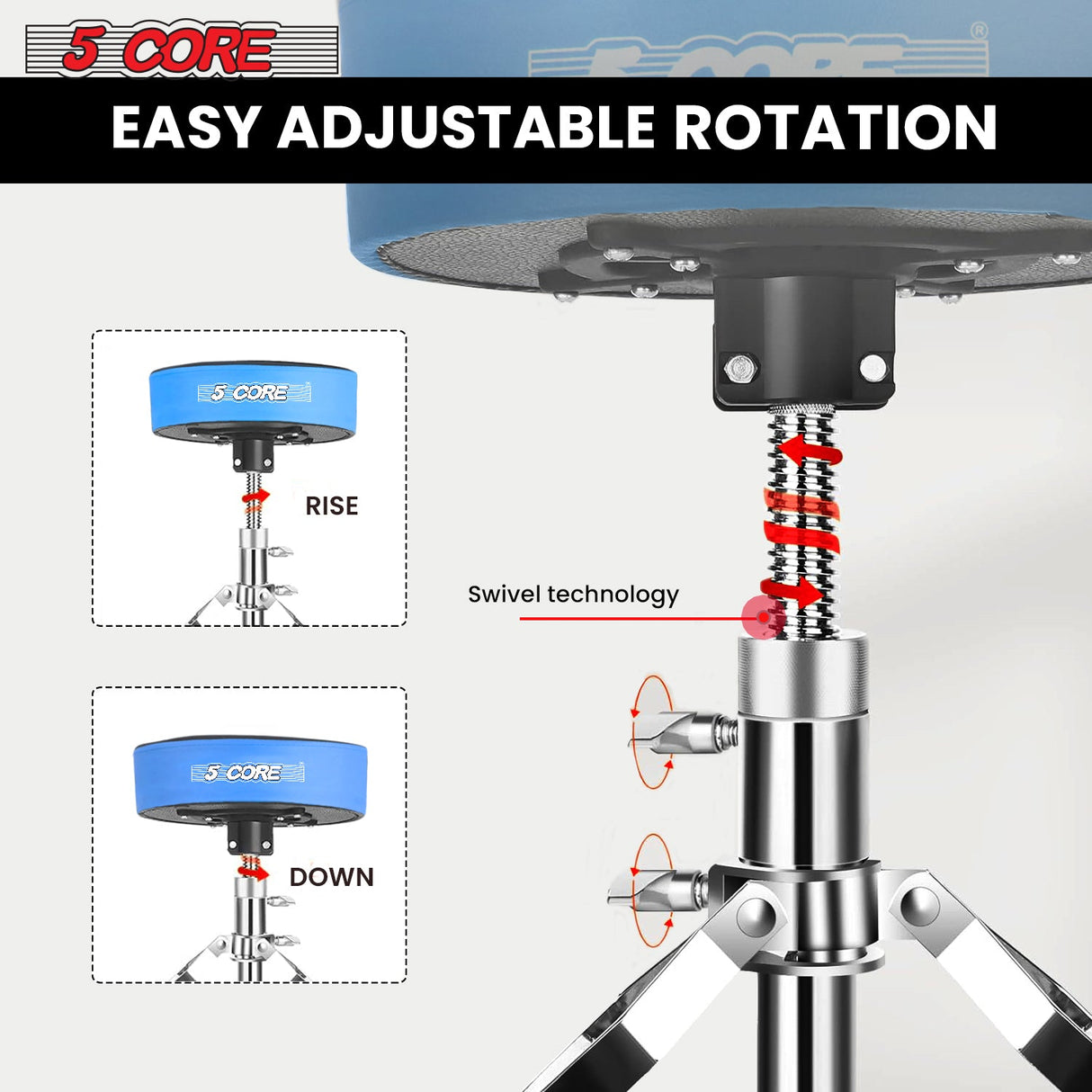 5Core Drum Throne Padded Guitar Stool Swivel Adjustable Drummer Seat Music Chair BLUE VELVET
