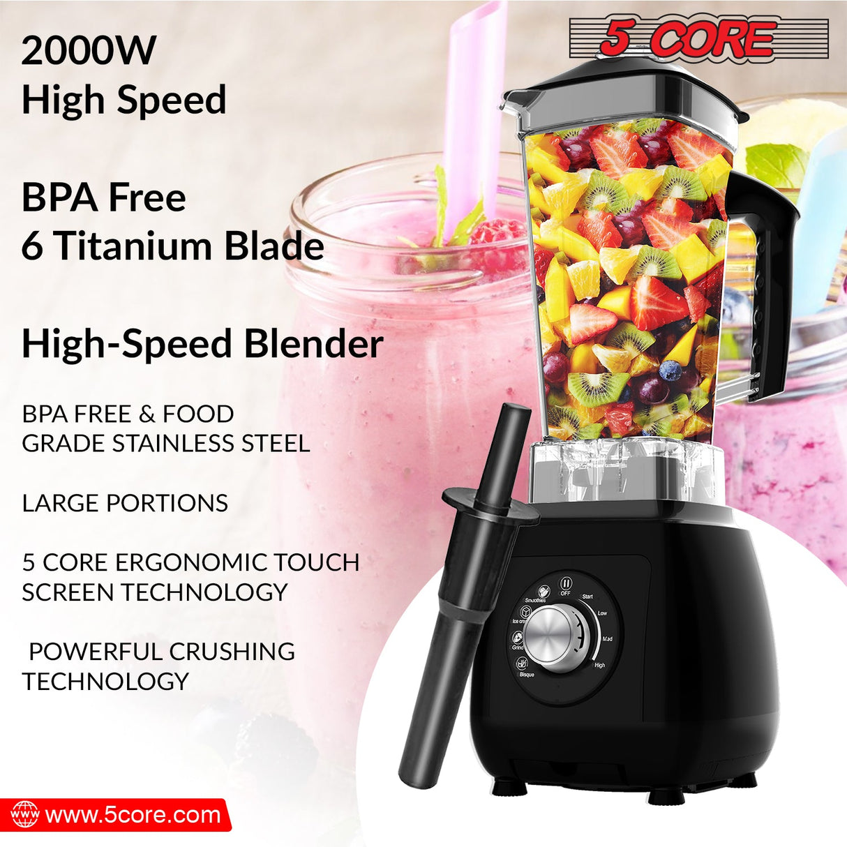 5Core Juicer Blender Machines 2000W Countertop Kitchen Smoothie Maker w 68oz Jar