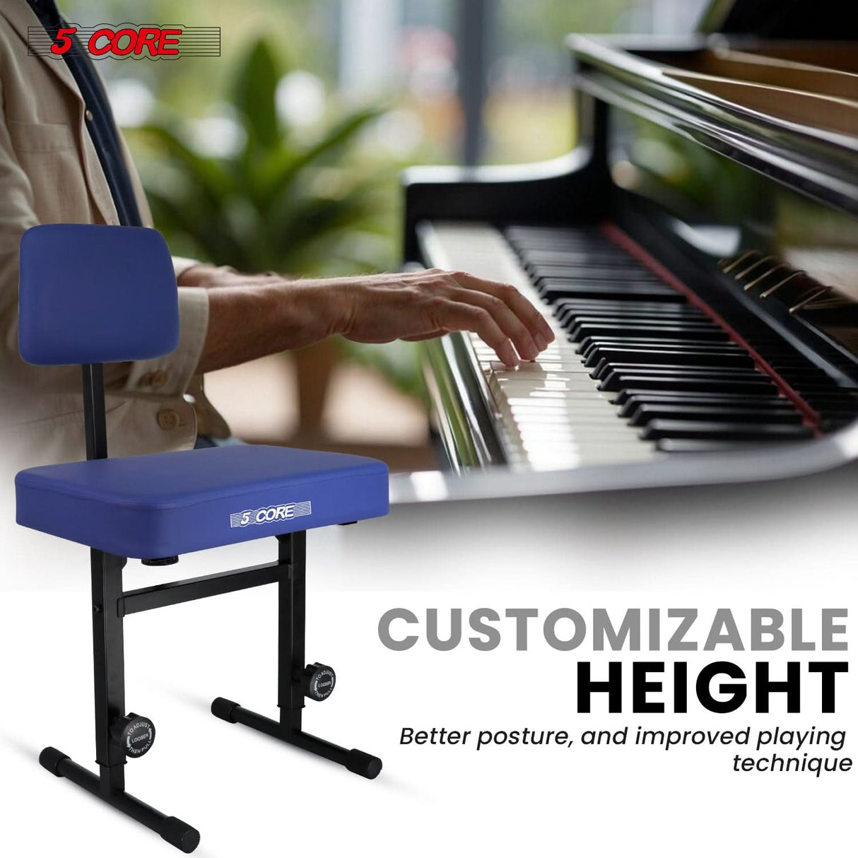 5 Core Piano Bench 3" Padded Cushioned Stool w Backrest Heavy Duty Musician Chair Height Adjustable