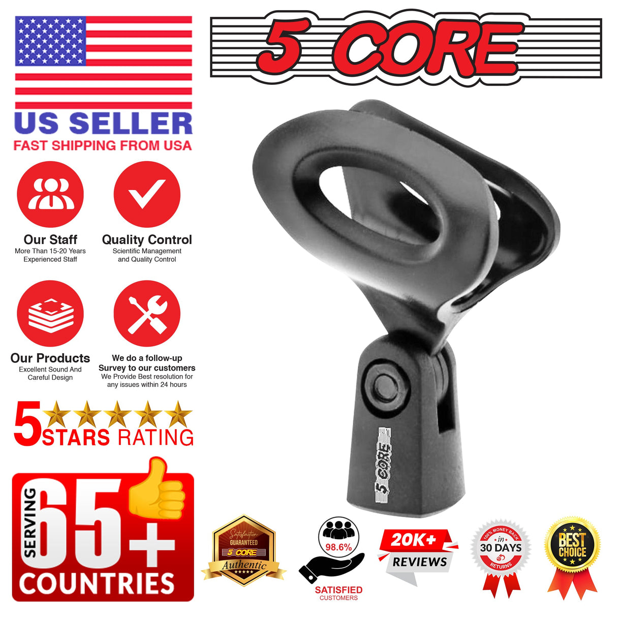 5 Core Microphone Clip Holder 2 Pieces with Screw Adapters 5/8 to 3/8 Inch