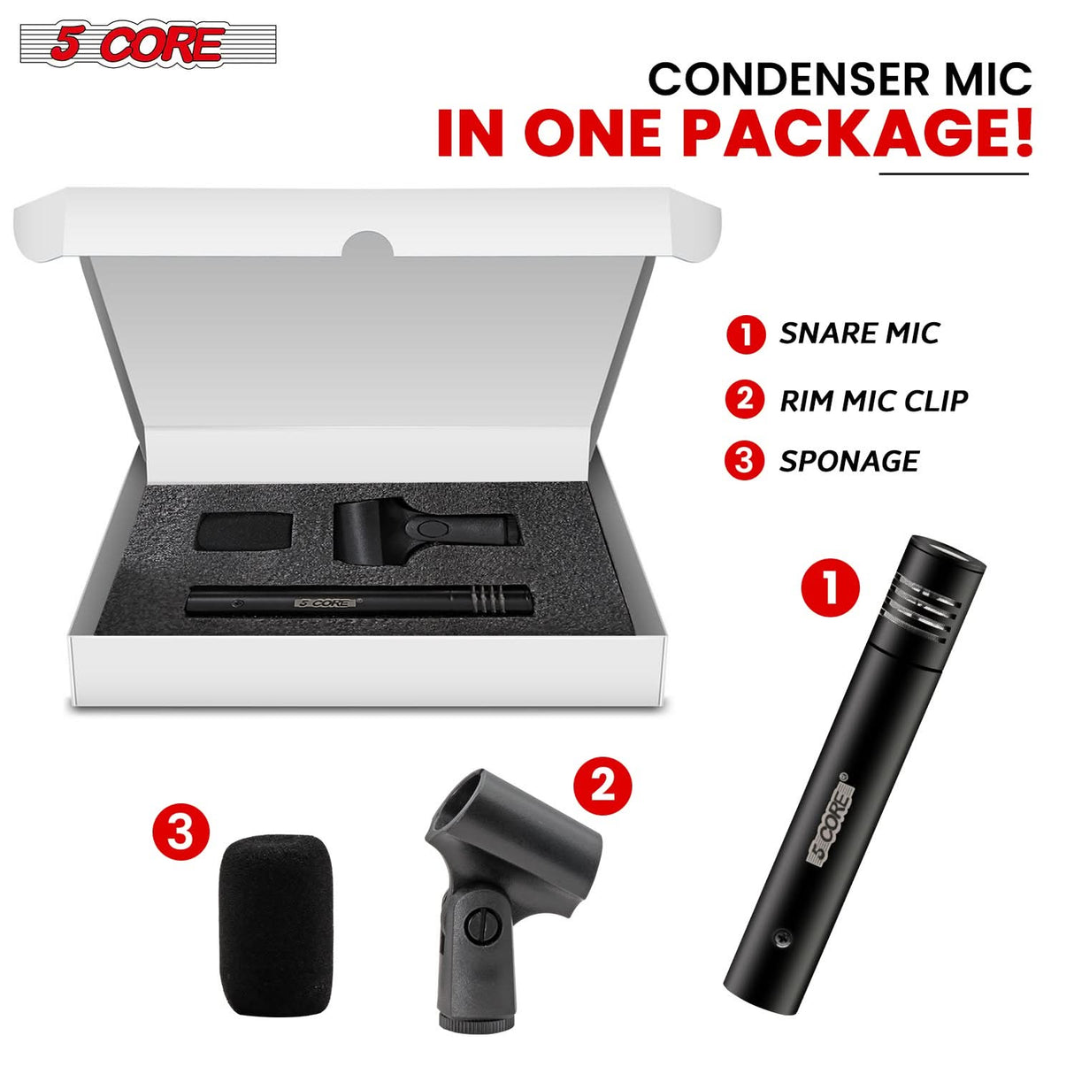 5Core Instrument Microphone Professional XLR Cardioid Pencil Stick Condenser Mic Black