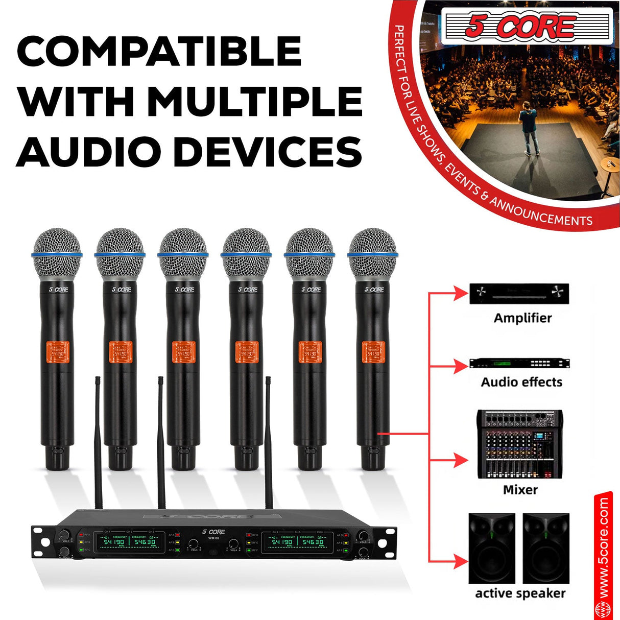 5 Core Wireless Microphone System 6 Channel UHF Portable Receiver w 6 Cordless Dynamic Mic 492F Range