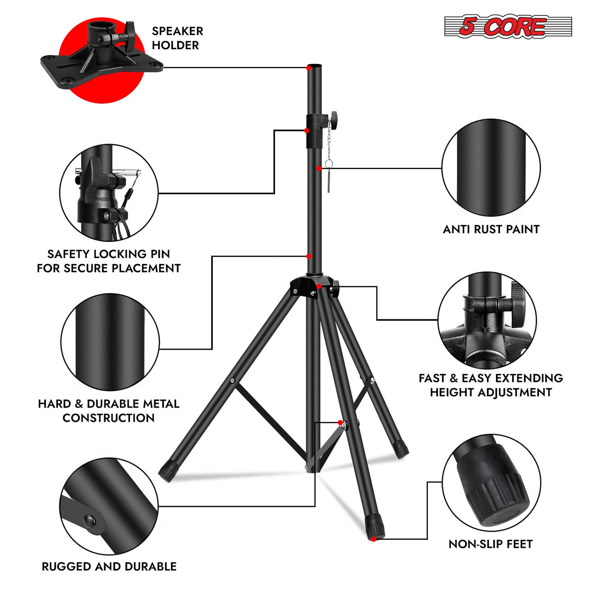 5Core Speaker Stand Tripod Floor Short Adjustable DJ Studio Monitor Stands Pole Mount BLACK