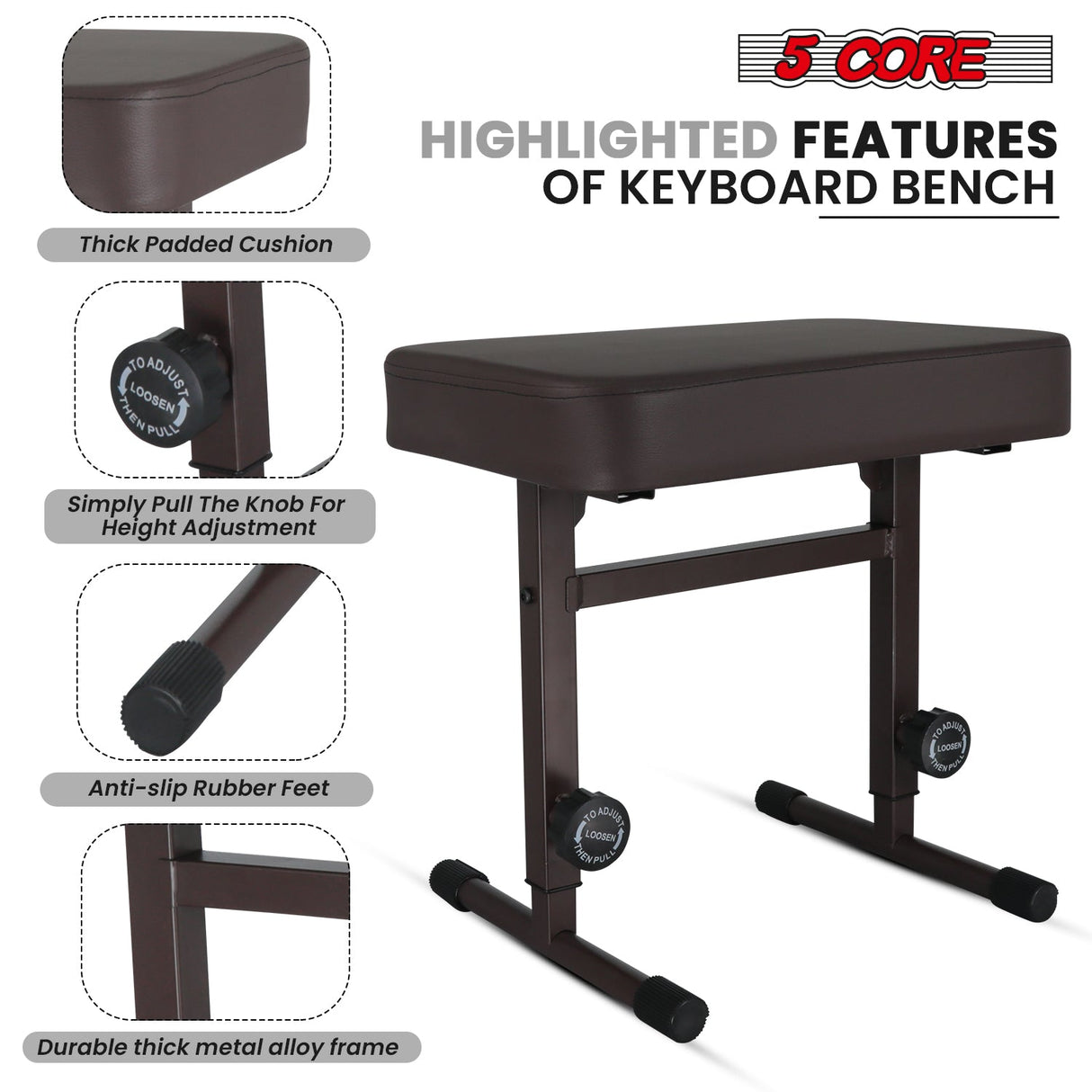 5CORE Keyboard Bench Piano Stool Thick Padded Seat Height Adjustable Keyboard Chair