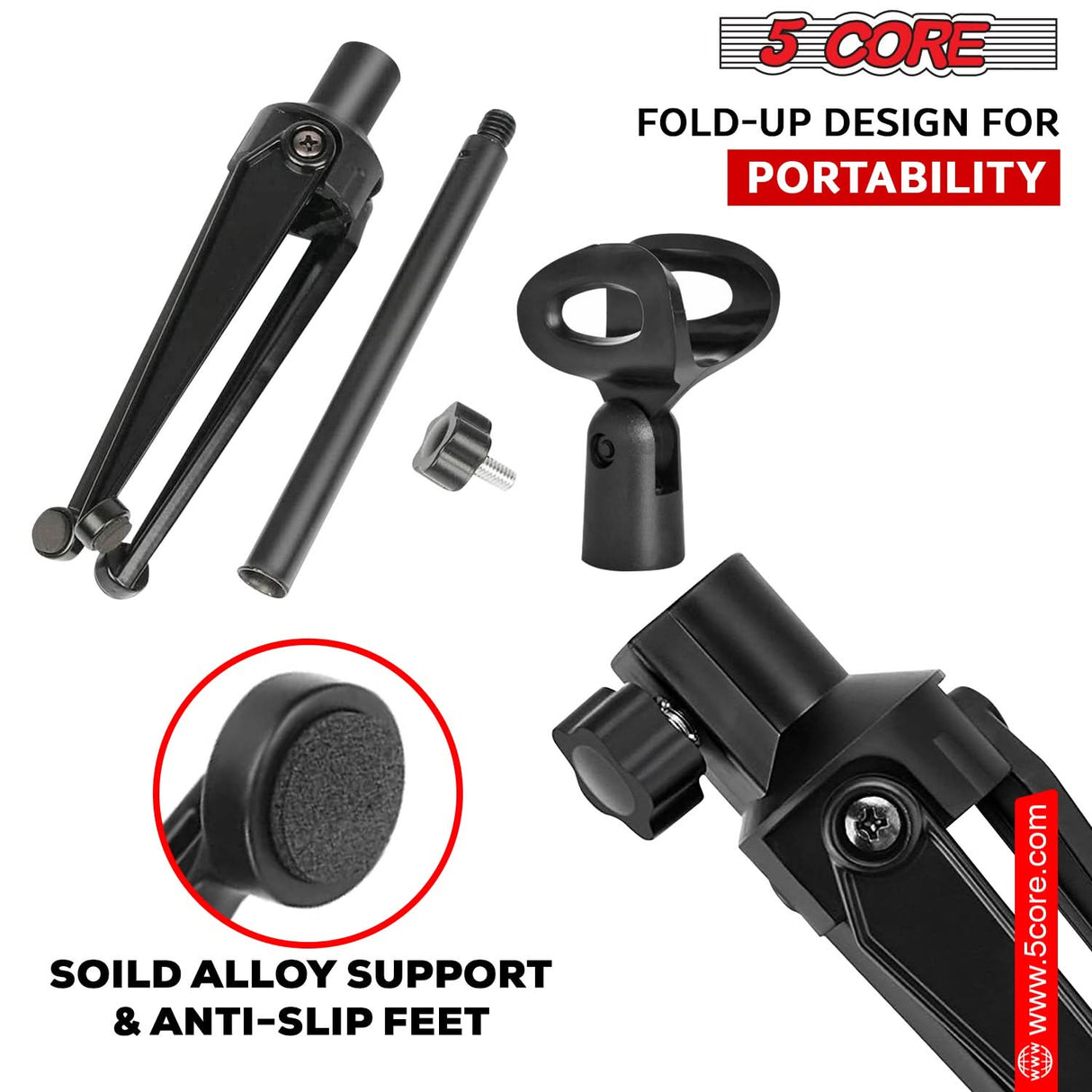 5 Core desk microphone stand tripod legs anti-slip base view
