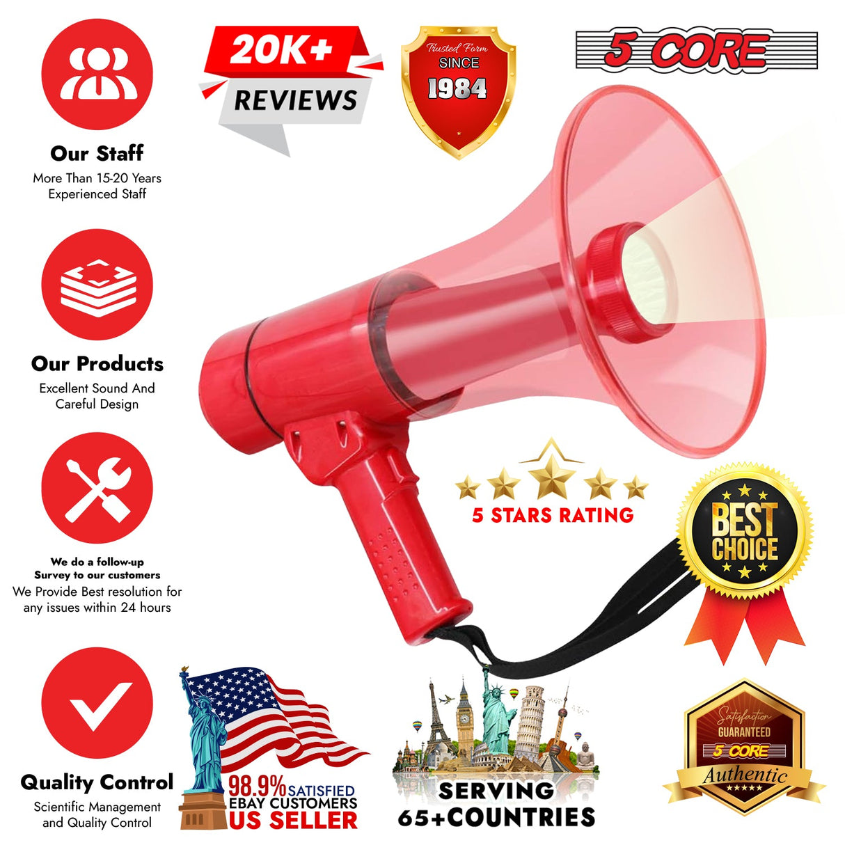 5Core Megaphone Bullhorn Speaker w Siren LED Light Adjustable Volume Bull Horn RED