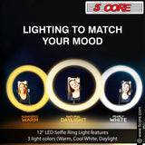 5 Core 12" Selfie LED Circle Light with 67" Adjustable Tripod Stand & Phone Holder