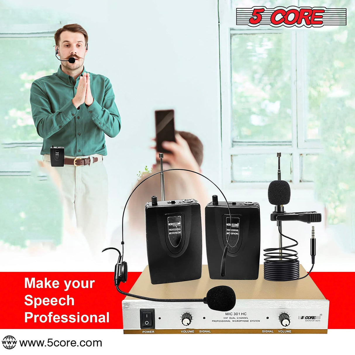 5Core Wireless Microphones w 1 Headset 1 Collar Mic + Receiver Microfono Inalambrico