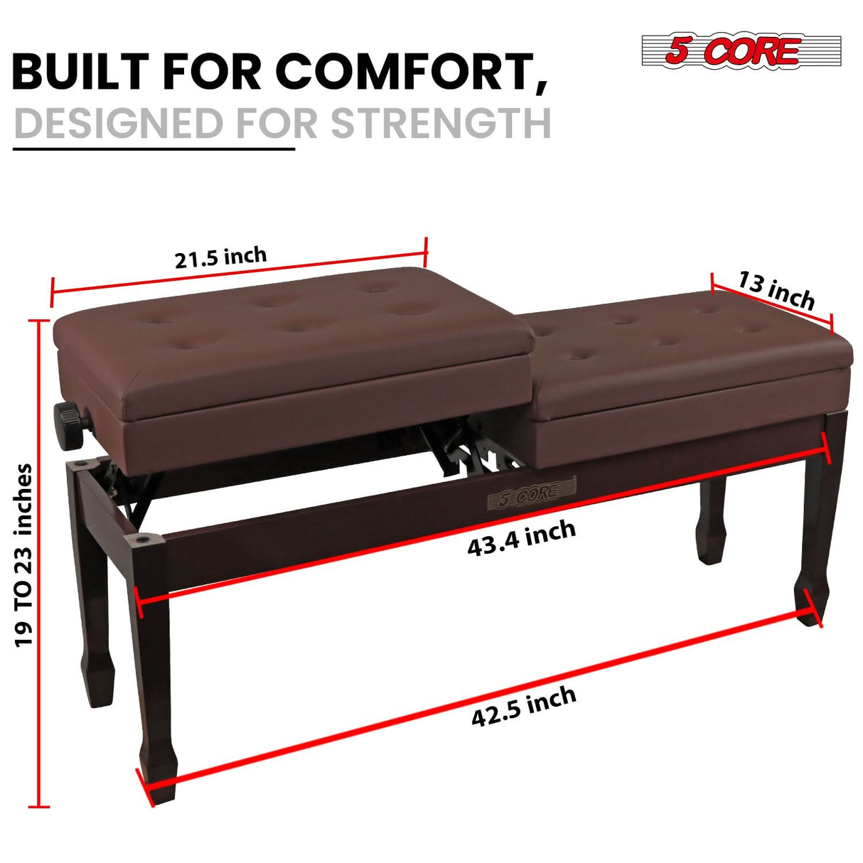 5 Core Duet Piano Bench 3.5 Inch Padded Cushioned Stool Wooden Heavy Duty Musician Chair w Storage