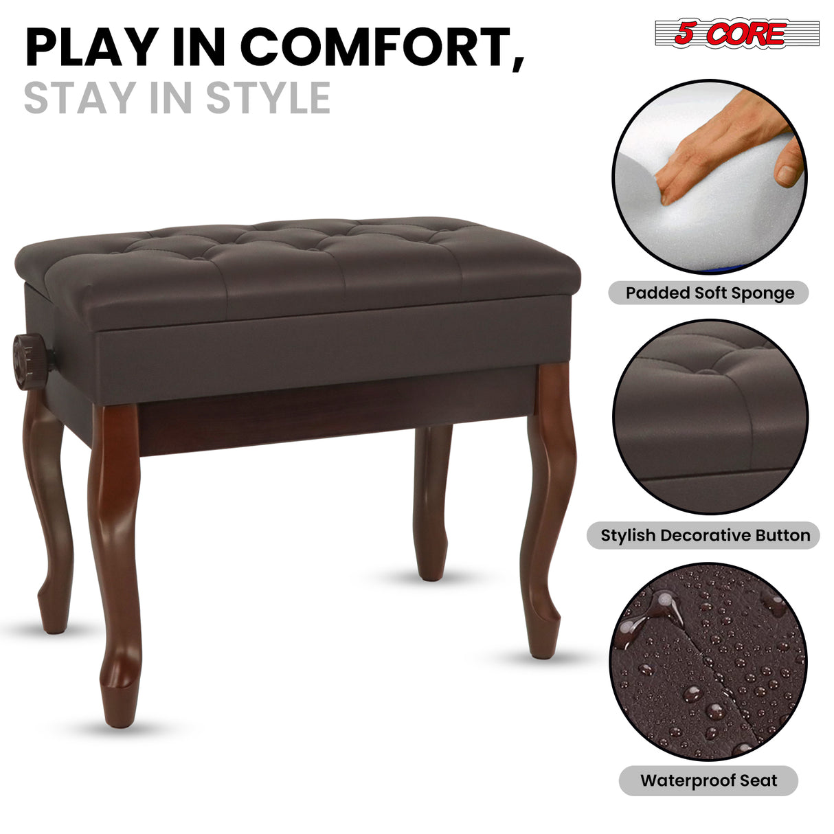 5 Core Piano Bench 3" Padded Cushioned Stool Wooden Heavy Duty Adjustable Musician Chair w Storage