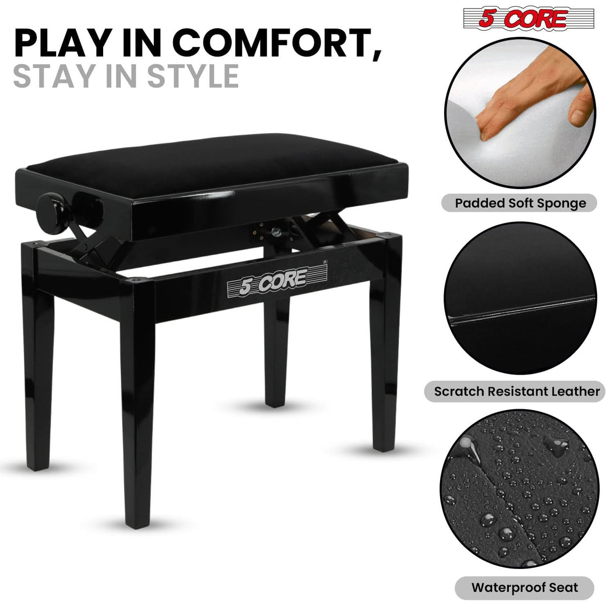5 Core Adjustable Piano Bench Thick 3.25" Solid Wood Keyboard Stool Heavy Duty Musician Chair