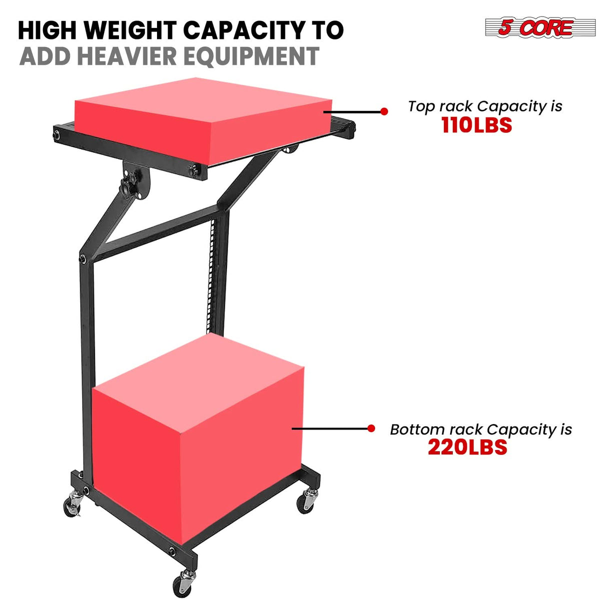 5Core DJ Mixer Stand 12U Adjustable Rack Mount Rolling Stage Cart Pro Audio Studio Equipment w Wheel