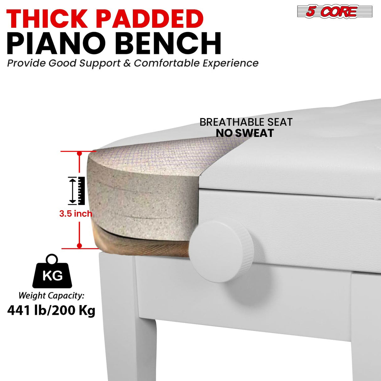 5 Core Duet Piano Bench 3.5 Inch Padded Cushioned Stool Wooden Heavy Duty Musician Chair w Storage