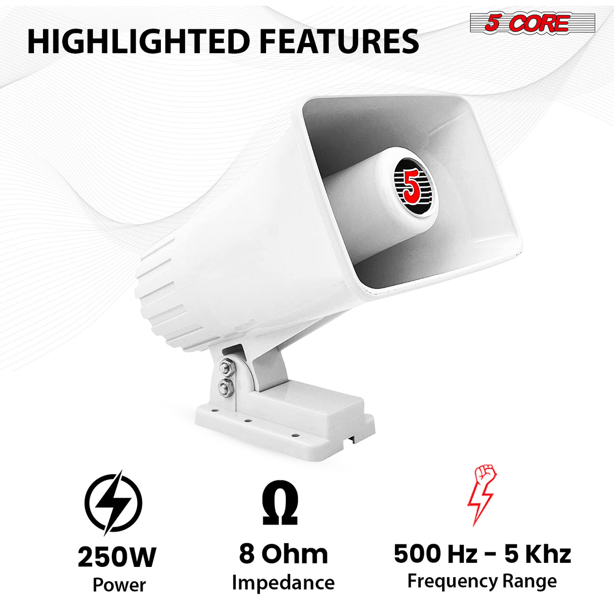 5 Core 8 Inch PA Horn 250W Loud Speaker Bull Horn Loud Audio 8Ohm All Weather Indoor Outdoor Use