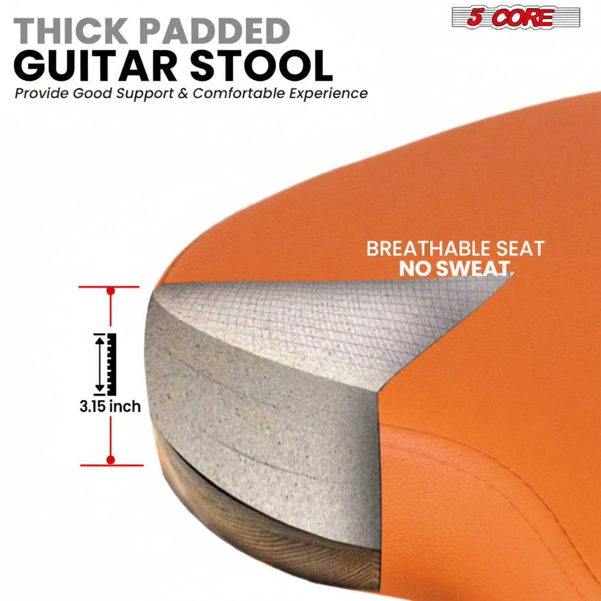 5Core Guitar Stool 3.15" Padded Chair w Backrest Foldable Music Seat Built in Foot Rest Guitar Stand