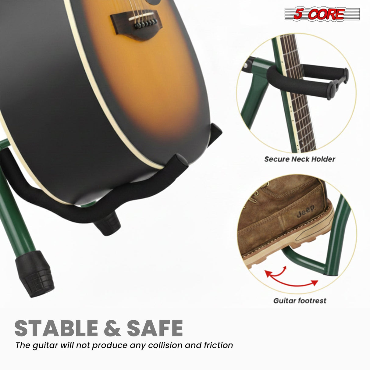 5Core Guitar Stool 3.15" Padded Chair w Backrest Foldable Music Seat Built in Foot Rest Guitar Stand