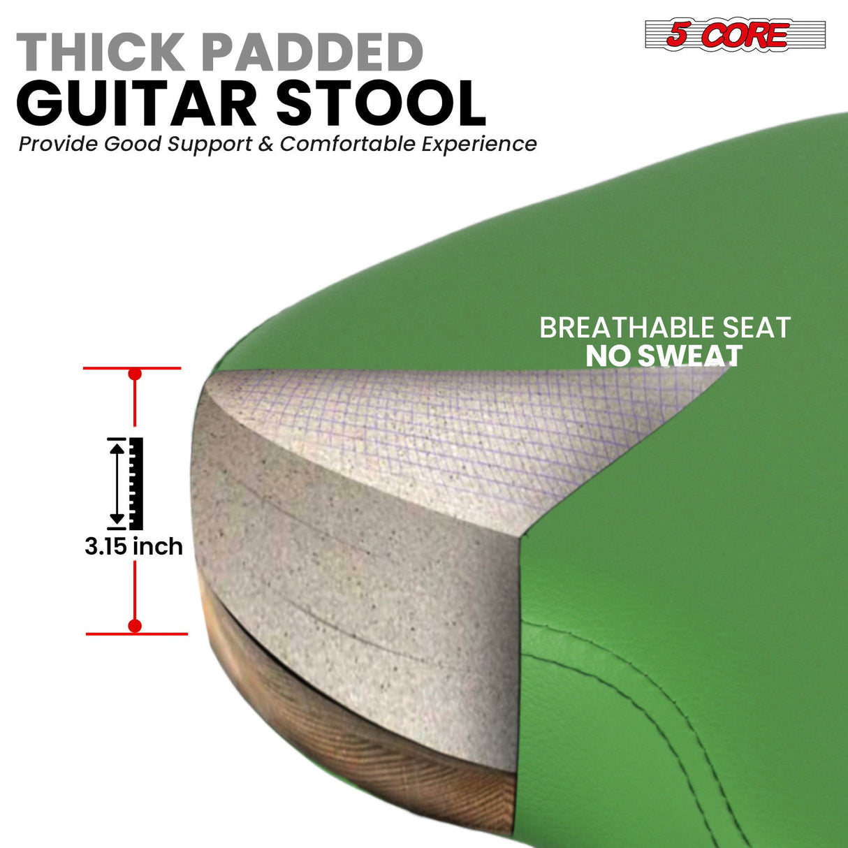 5Core Guitar Stool 3.15" Padded Chair w Backrest Foldable Music Seat Built in Foot Rest Guitar Stand