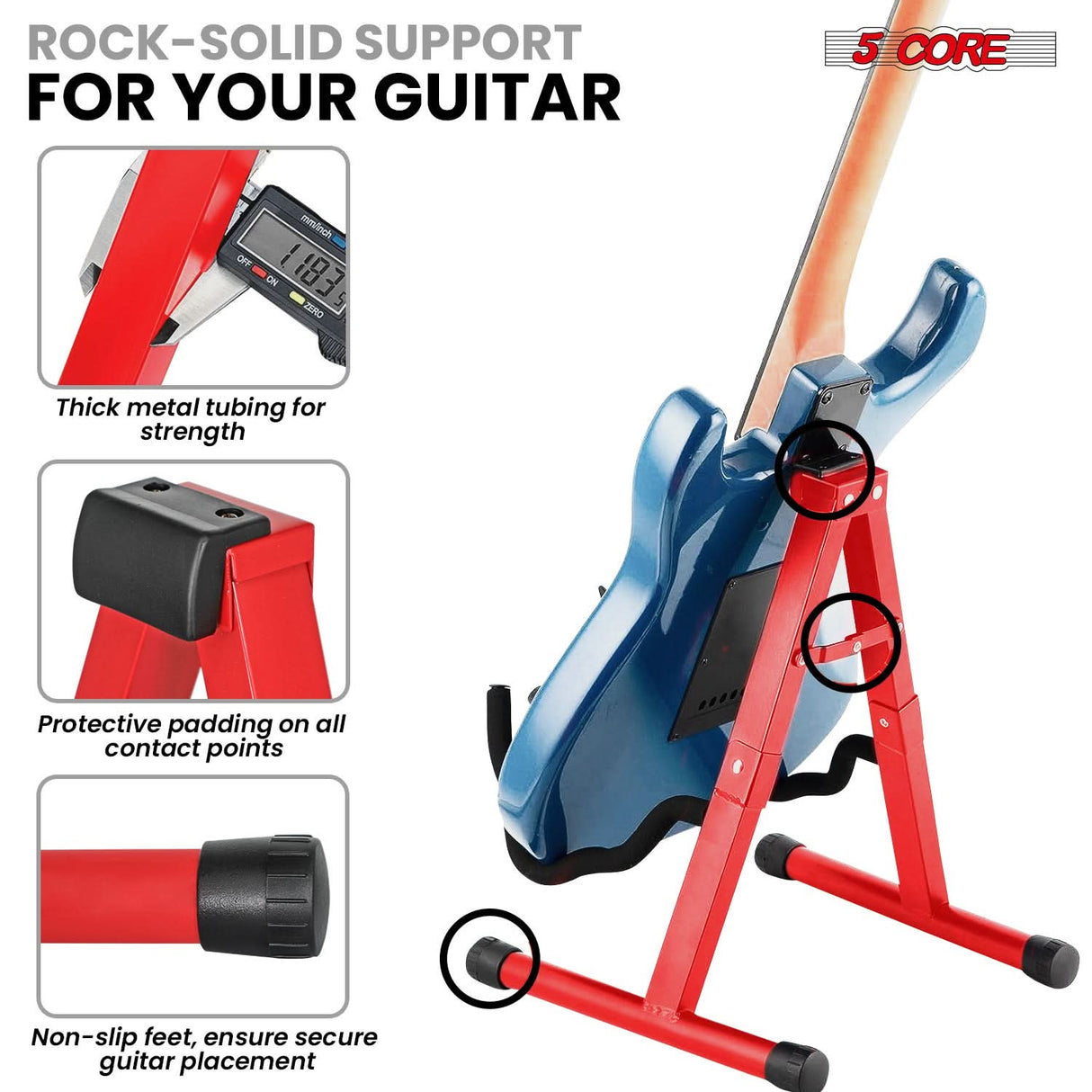 5 Core Guitar Stand A Frame Shape w Soft Foam Arm Non Slip Rubber for Acoustic Electric Bass Ukulele