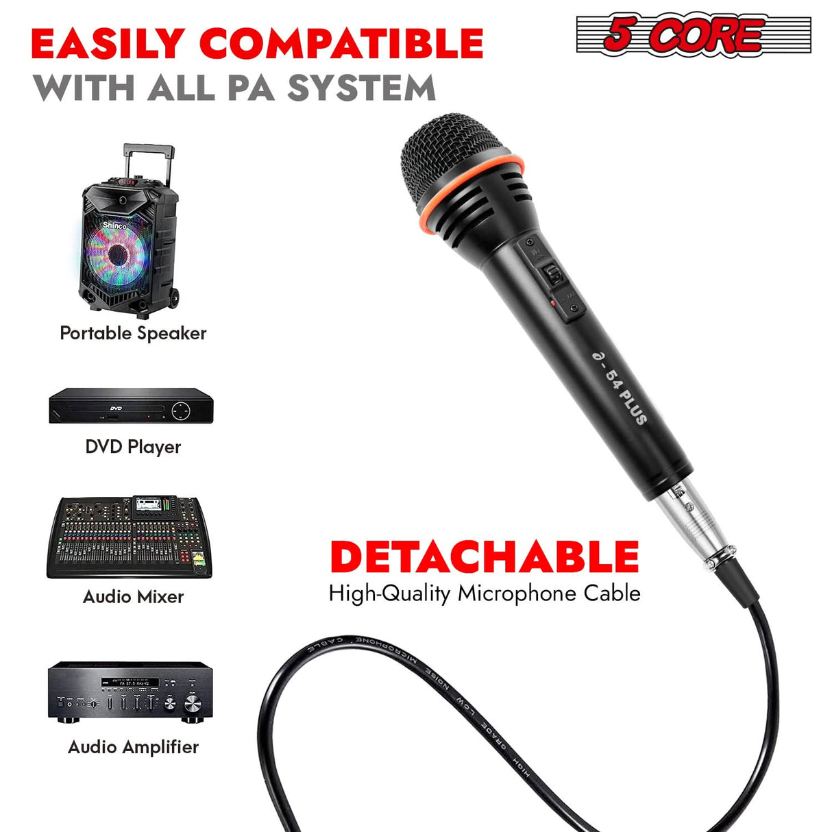 5 Core Microphone 3Pc Dynamic Vocal Handheld Mic Cardioid Singing Karaok Microfono  w On Off Switch