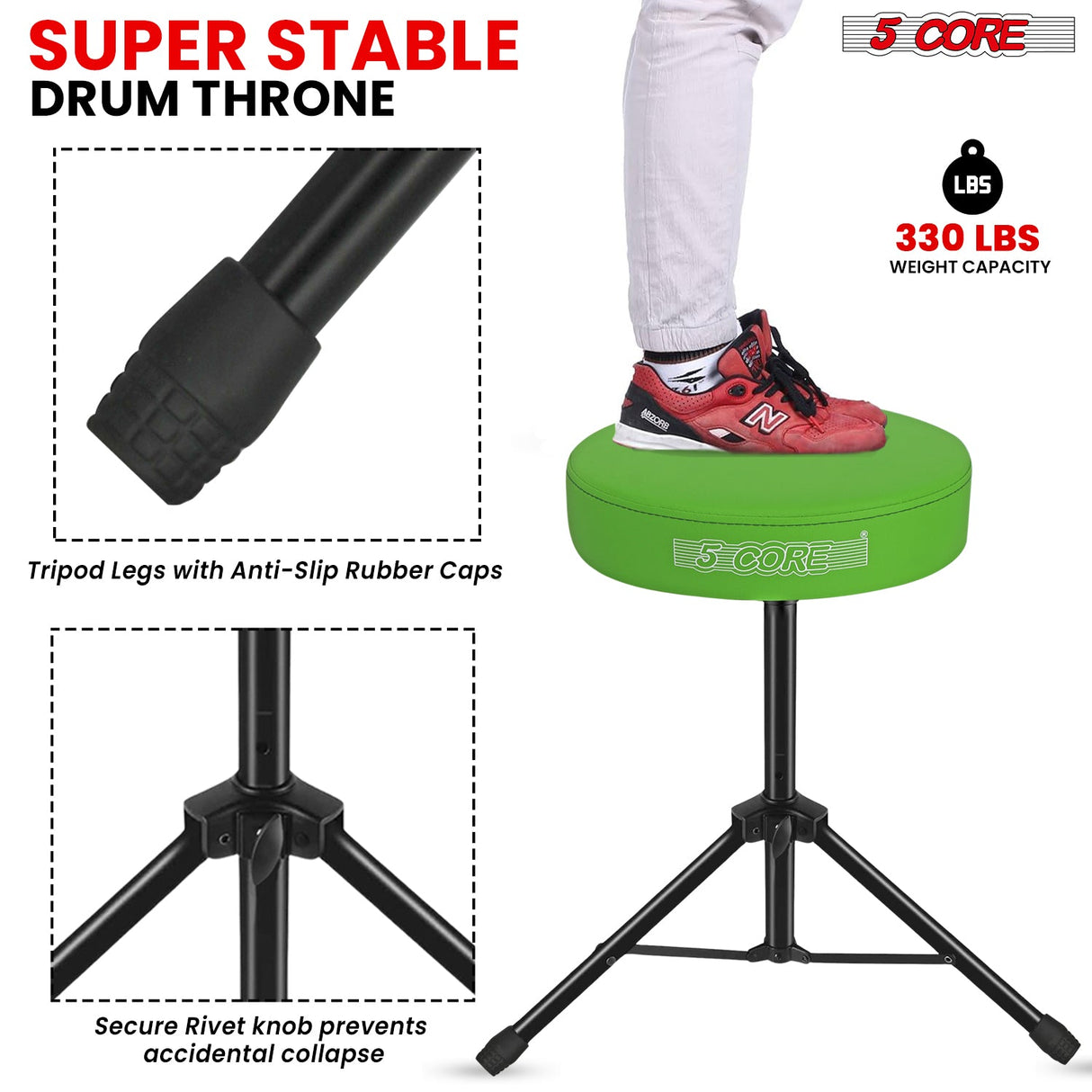 5 Core Drum Throne 3" Thick Padded Memory Foam Comfortable Drummer Stool 330Lb Capacity Adjustable