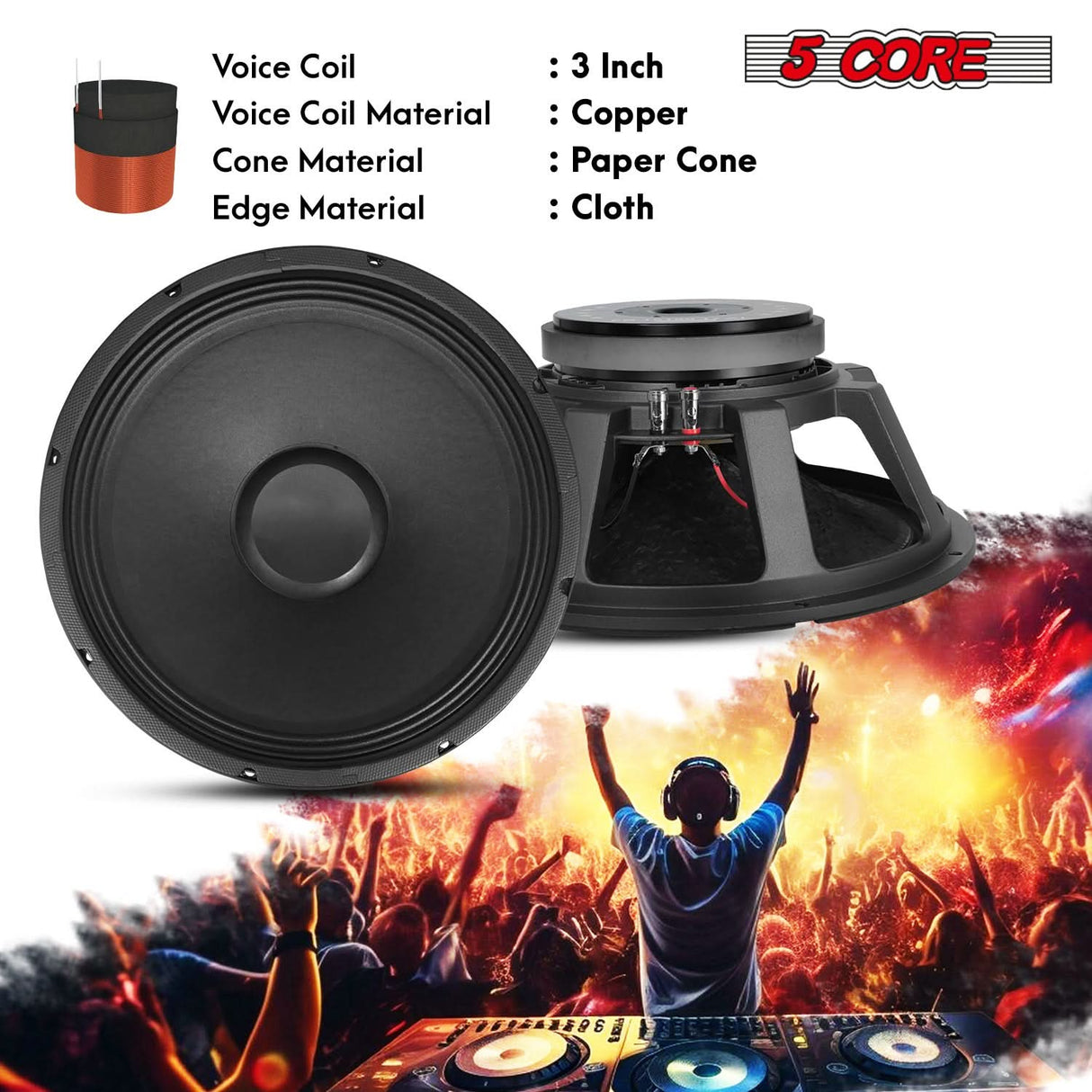 5 Core 15" Subwoofer Speaker 350W RMS Full Range PA DJ Audio Sub Woofer 8Ohm Bass Replacement Driver