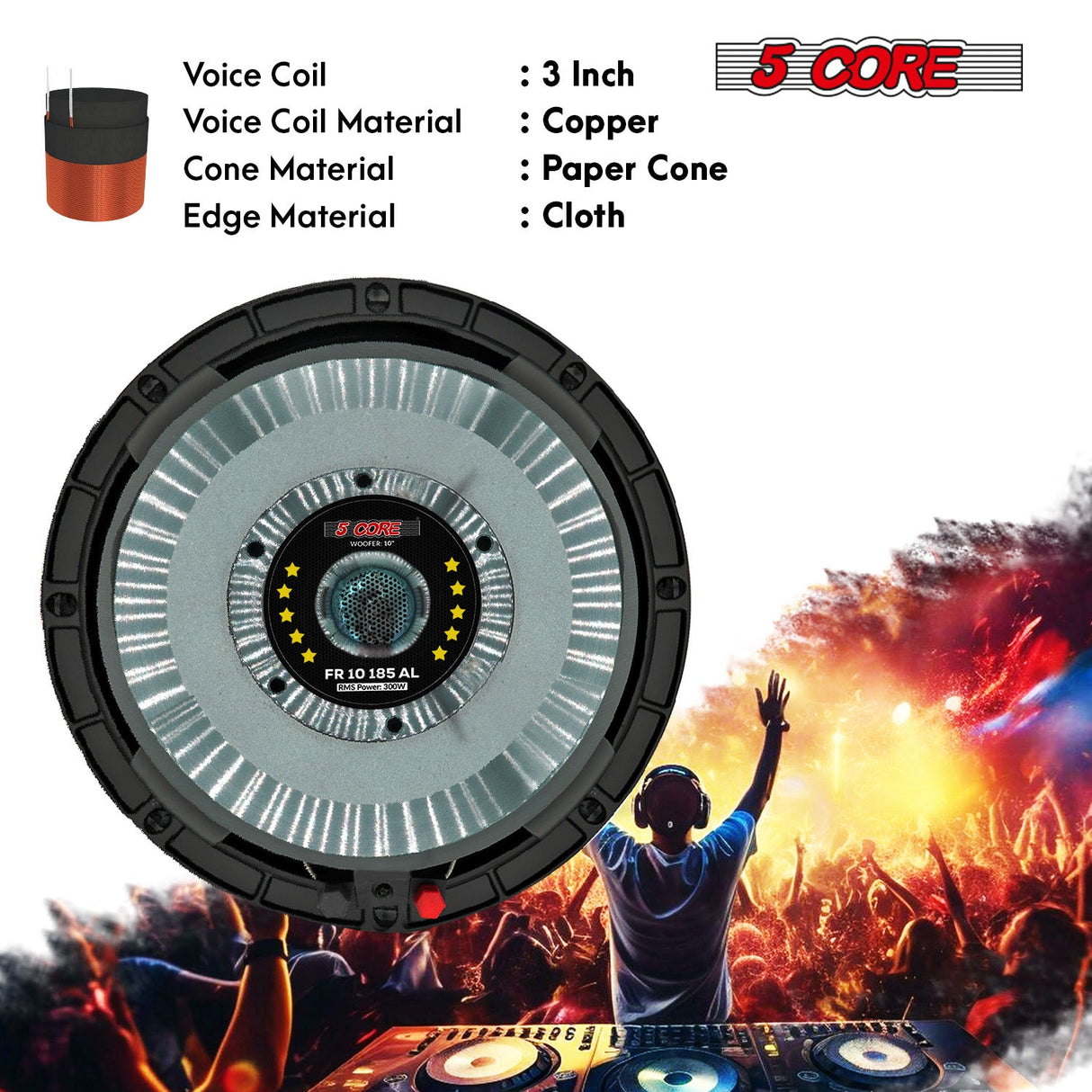 5 Core 10" Subwoofer Speaker 300W RMS Full Range Audio PA DJ Sub Woofer 8Ohm Bass Replacement Driver
